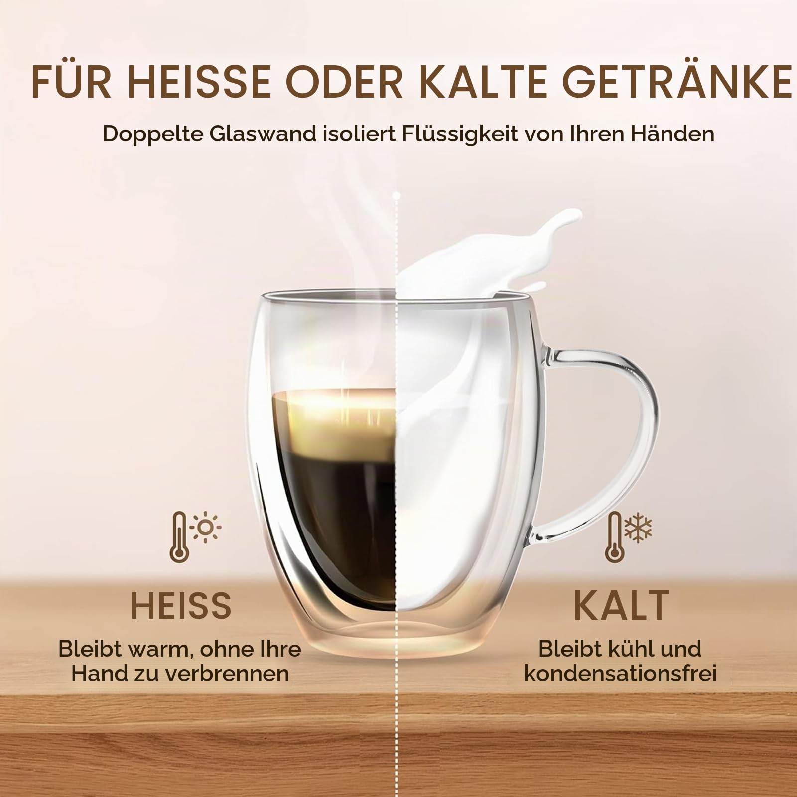 Doppelwandige Kaffeegläser, Set von 4 Cappuccino Latte Teetassen mit Griff, 350ml hitzebeständiger Thermobecher, für Heiße/Kalte Getränke, Spülmaschinenfest, Perfekt für Espresso