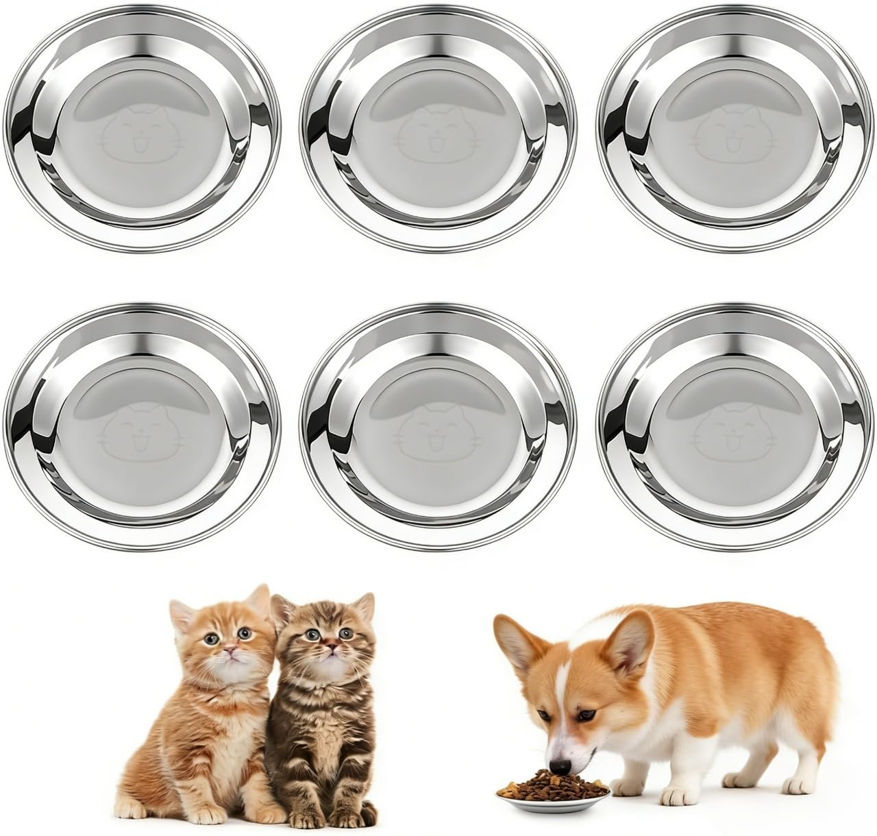 OSDUE Wide Cat Bowls Whisker Friendly, 6 PCS Stainless Steel Cat Bowls 5.5Inch Shallow Cats food bowls Whisker Fatigue Relief For Kittens Cats Small Dog Rabbit Hamster Pets, Easy To Clean