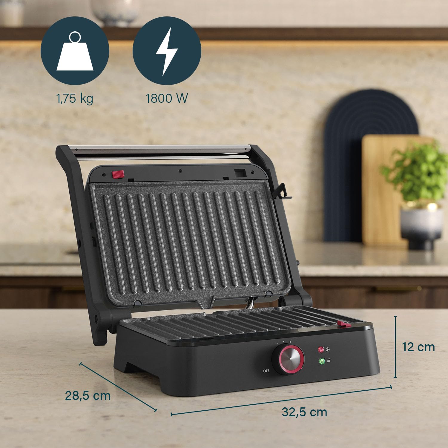 Princess Grill de Contacto, Apertura 180°, Placas Desmontables, Termostato Ajustable, Recogegrasas, Sin PFAS, 1500 W, Superficie 27,5 x 18 cm, Acero Inoxidable, 117502