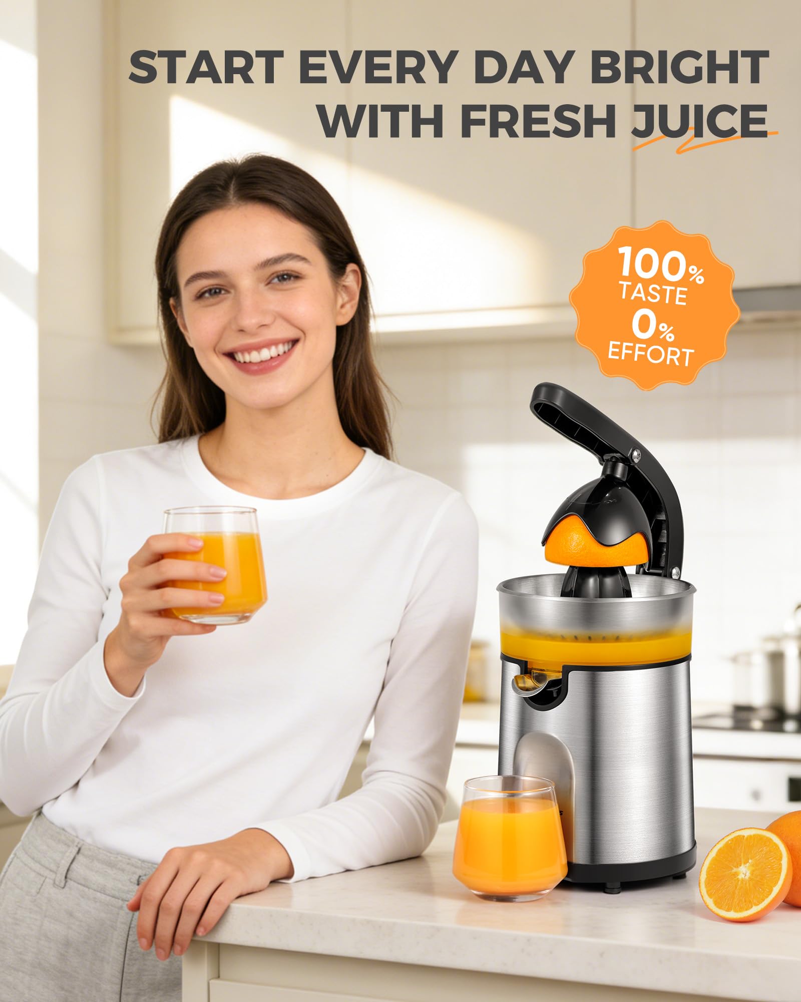 Exprimidor eléctrico de naranja, exprimidor de cítricos con 2 conos intercambiables, máquina exprimidor eléctrico de 160 W con cuerpo de acero inoxidable y colector de jugo transparente para