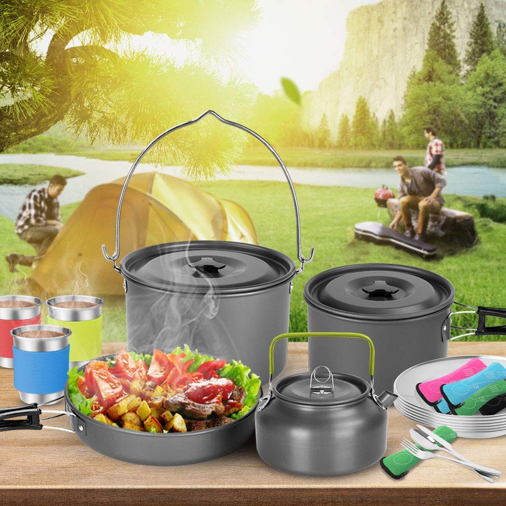 Odoland Pentole Set da Campeggio 39 pezzi per 6 Persone Incl. Pentole e Padella da Campeggio e Bollitore da Campeggio, Tazza Piatti Posate Kit da Campeggio per Trekking e Picnic