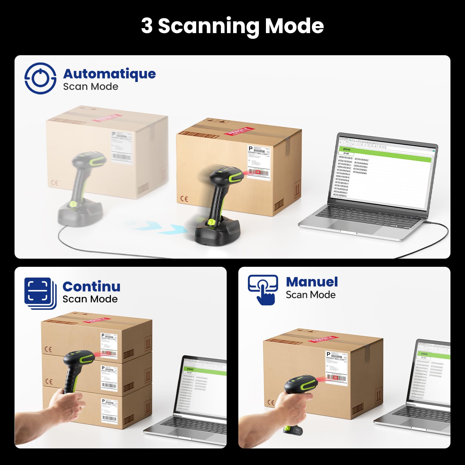 Eyoyo 2D QR Industrie Barcode Scanner Kabellos mit Kabelloser Ladeständer, Robuster, Strapazierfähiger, IP65 Wasserdichter 3-in-1 Barcodeleser mit Bluetooth, Wireless, USB für Laptop,Tablet, Android
