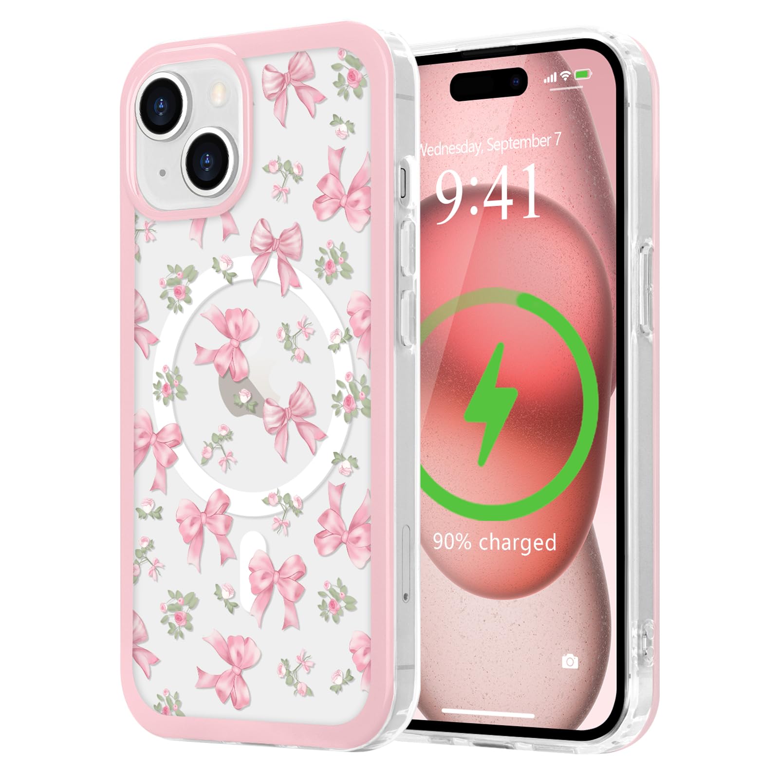 LCHULLE Magnetic for iPhone 15 Case Cute Pink Bows [Compatible with Magsafe] Clear Ribbon Bowknot Pattern for Women Girls Hard Back Cover Shockproof
