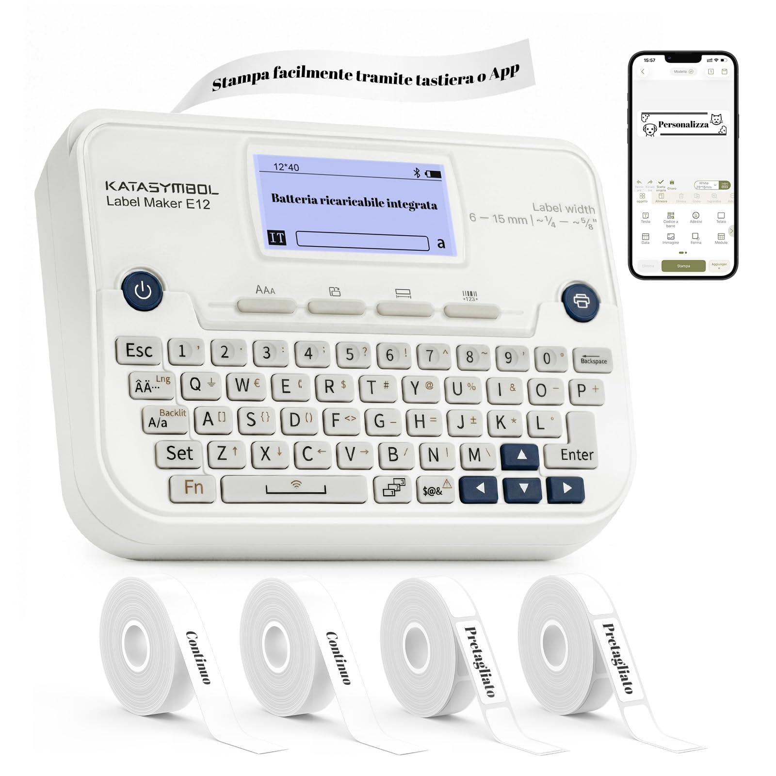 SUPVAN E12 Etichettatrice Tastiera e Bluetooth con 4 Nastri, Bianco