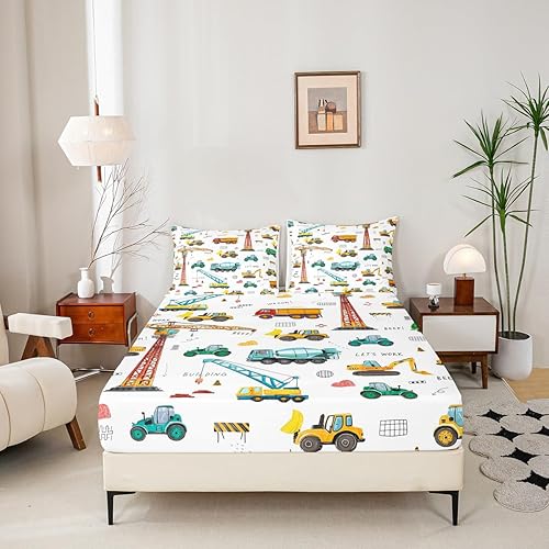 Miniatura 5 de Juego de sábanas de excavadora tamaño individual, juego de sábanas para camiones de maquinaria de tractor, sábana bajera ajustable para vehículos de