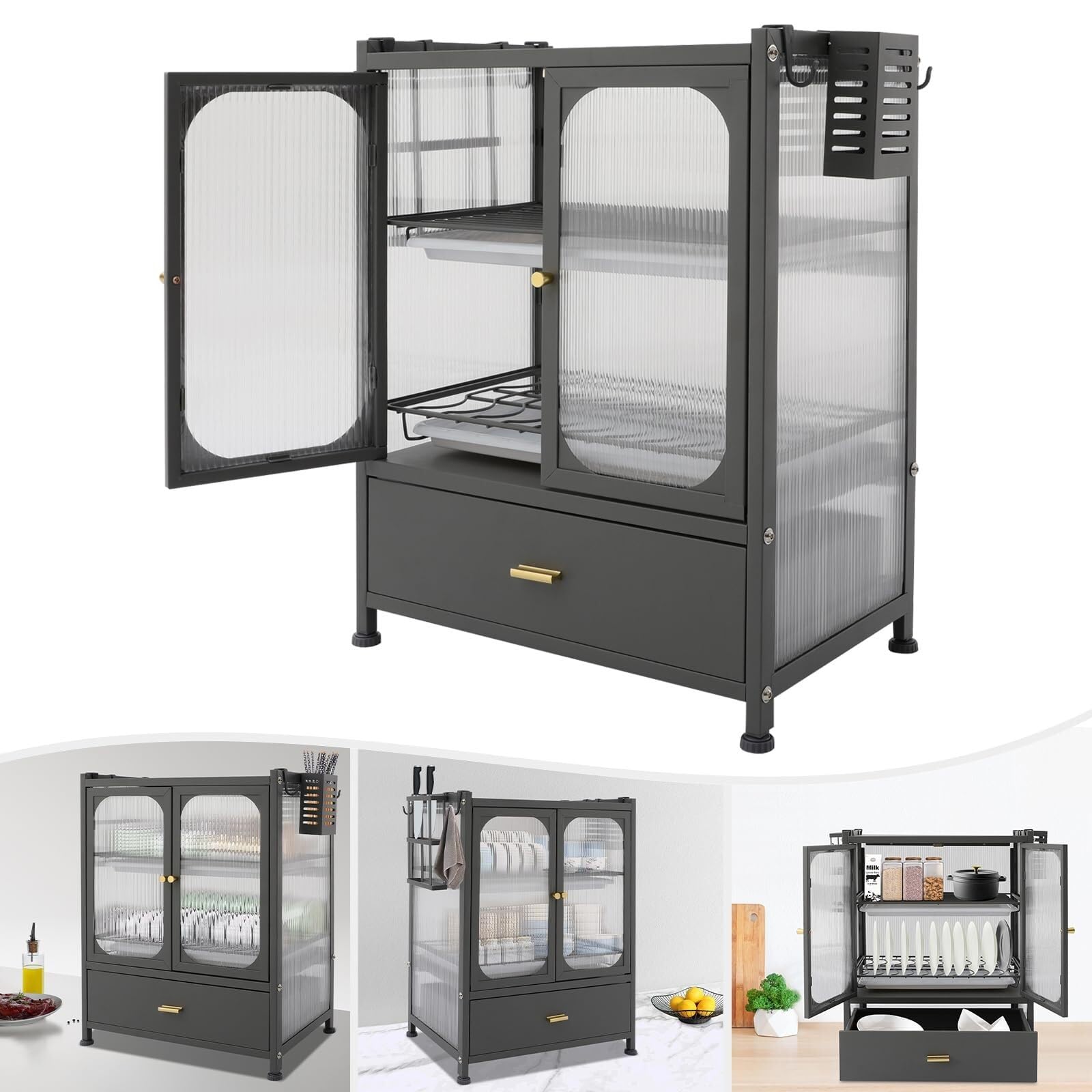 Escurridor de platos de cocina con cajón, bandeja de drenaje desmontable, paneles de policarbonato para mostrador de armario y elegante organizador de secado de platos para uso doméstico y restaurante