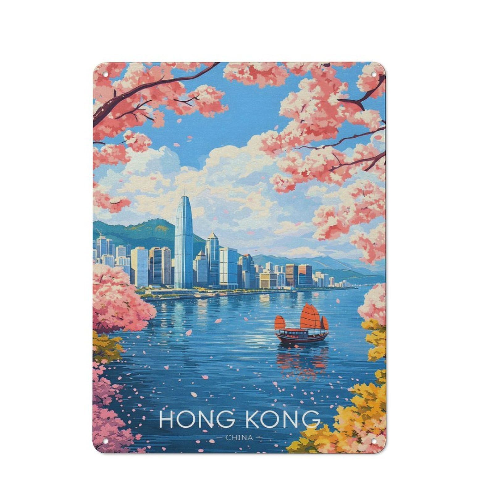 Junmoney Style-16 Hong Kong Skyline With Cherry Blossoms Tin Wall Sign 40X30cm, Loft Style Industrial Wall Decor For Loft, Studio, Office Or Creative Room