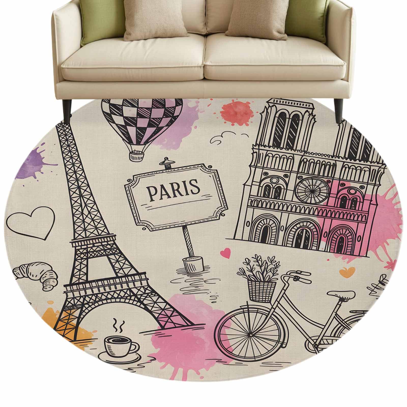 Valentine's Day Fluffy Area Rug for Living Room Bedroom, Eiffel Tower Hot Air Balloon Building Bike Ultra Soft Area Rugs 183cm, Non-Slip Fuzzy Indoor Carpet for Playroom Study Room Dorm Hallway