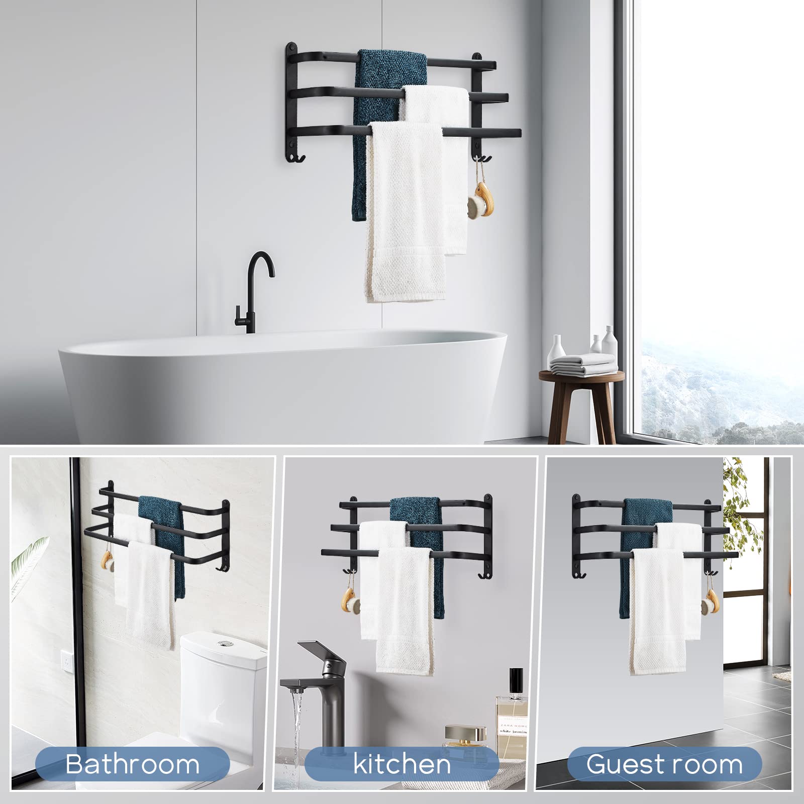 Toallero negro sin taladrar, toallero autoadhesivo de aluminio, toallero de pared de 3 pisos con ganchos, resistente al agua Rust toalla de baño para baño o cocina