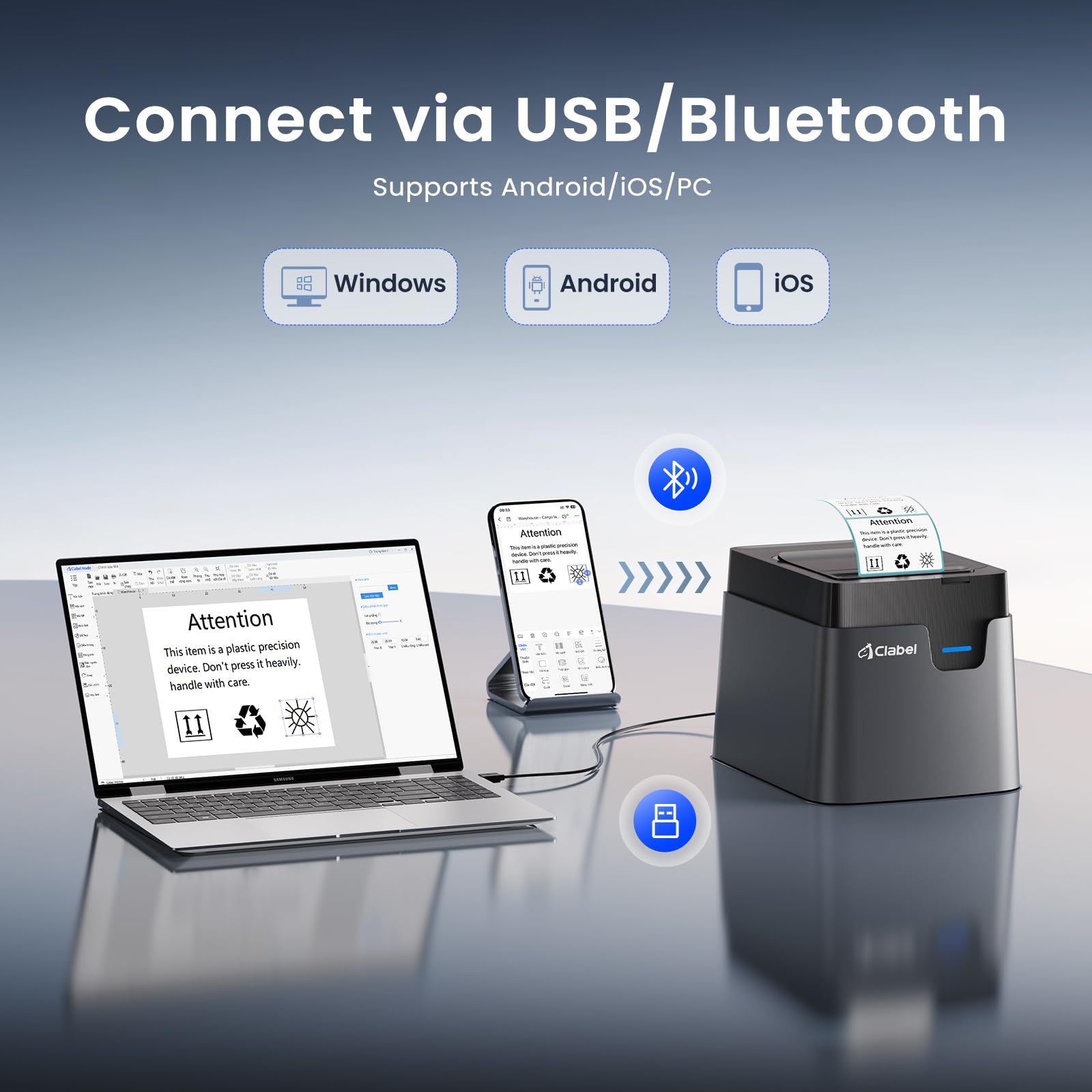 CLABEL Stampante per etichette Bluetooth, autoadesiva, termica 321D, etichettatrice per codice a barre con rotolo da 60 x 40 mm, con spina UE