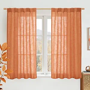 LAMIT 54 Inch Semi Sheer Window Linen Curtains, Light Filtering Panels Back Tab and Rod Pocket Country Decor Drapes for Bedroom/Farmhouse, Burnt Orange, 2 Panels, 34 x 54 Inch