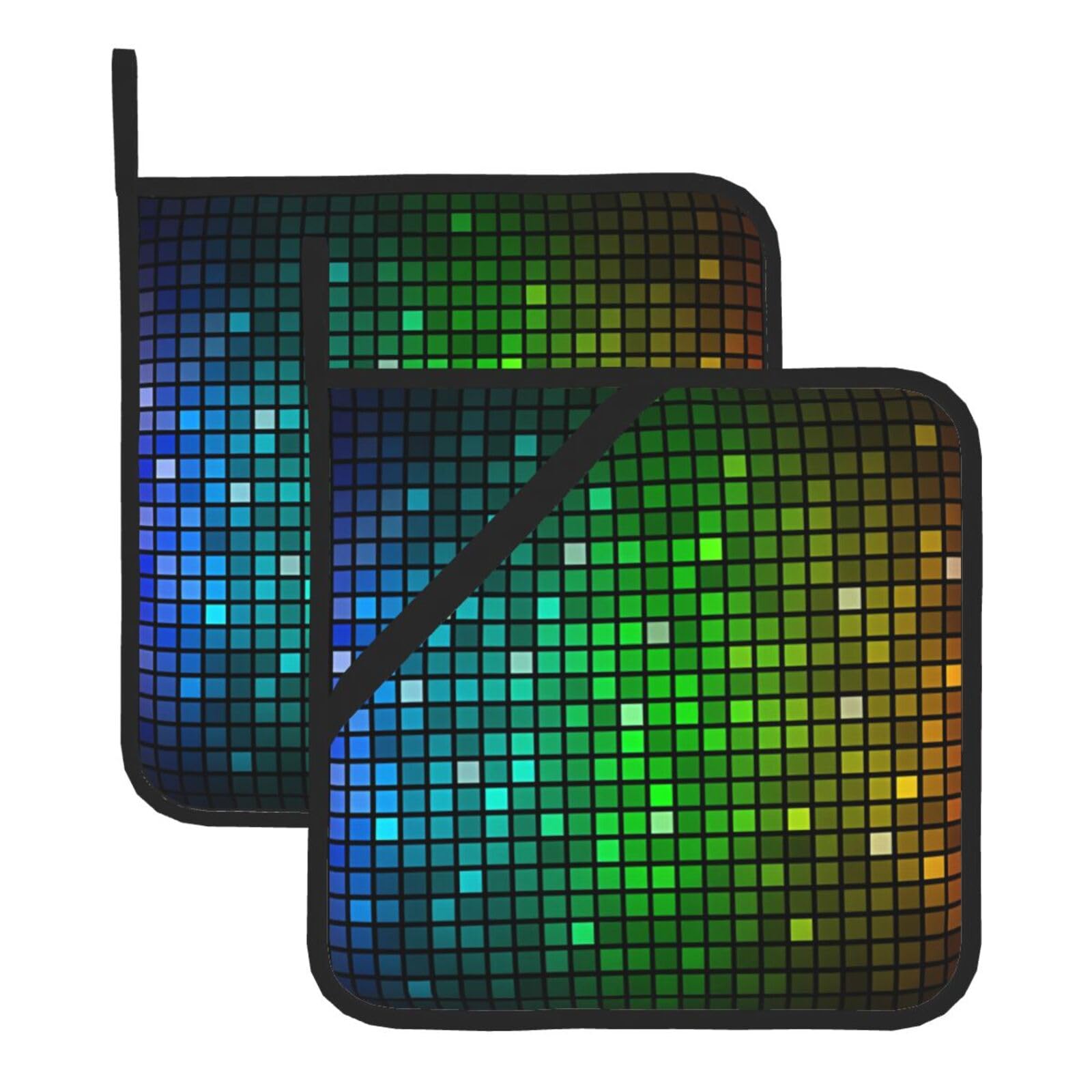 WHJSSF Colorful Square Prints Square Hot Pads for Kitchen Counter - Waterproof Trivets with Hanging Loop, Thick Pot Covers for Serving, Oven & BBQ - Set of 2 (1 with Pocket)