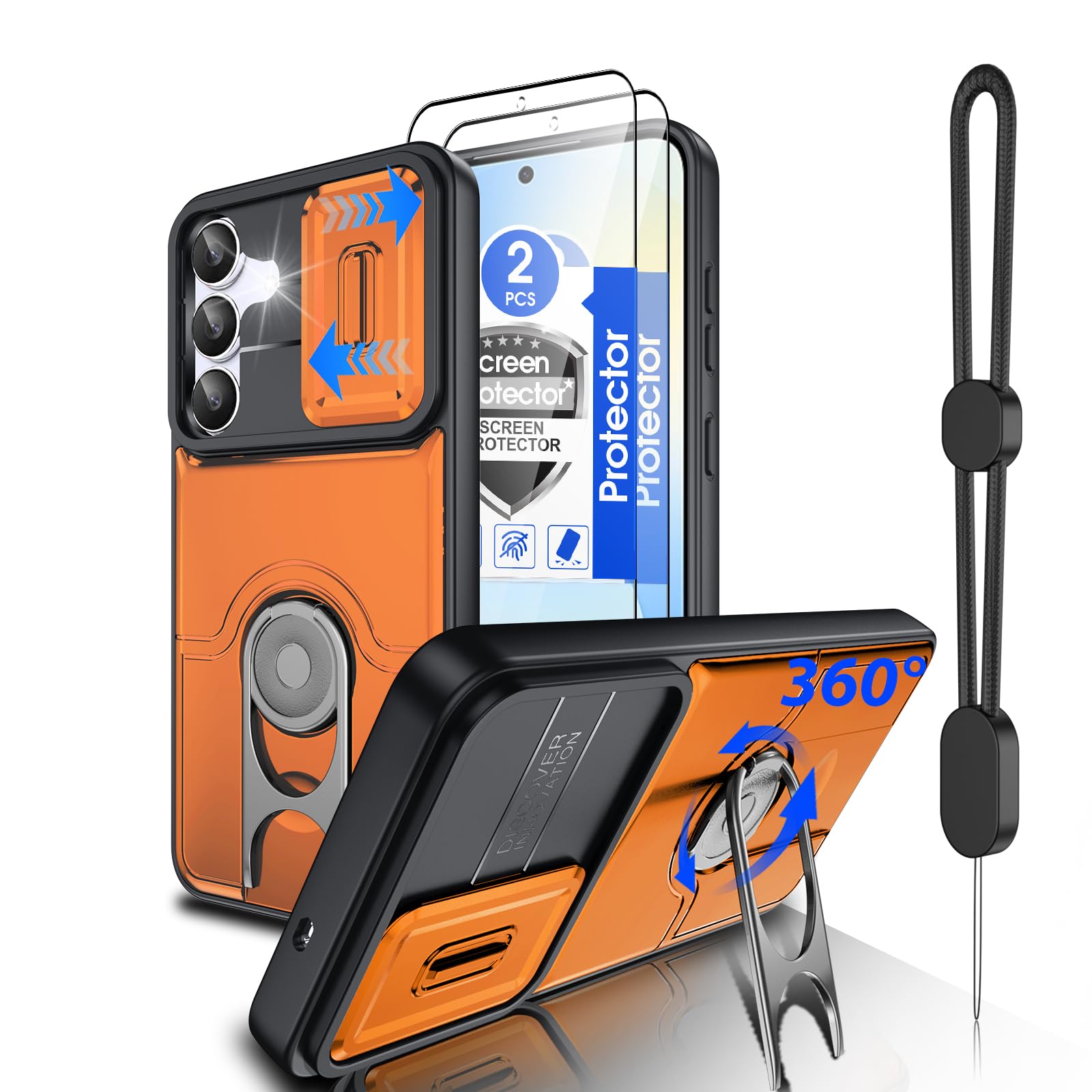 Dizn for Samsung Galaxy S25 FE Case:[Not Fit Samsung S25] with Slide Camera Cover Lens Protector,360°Stand,Tempered Glass Screen Protector,Military-Grade Shockproof Case for Samsung S25 FE,Orange