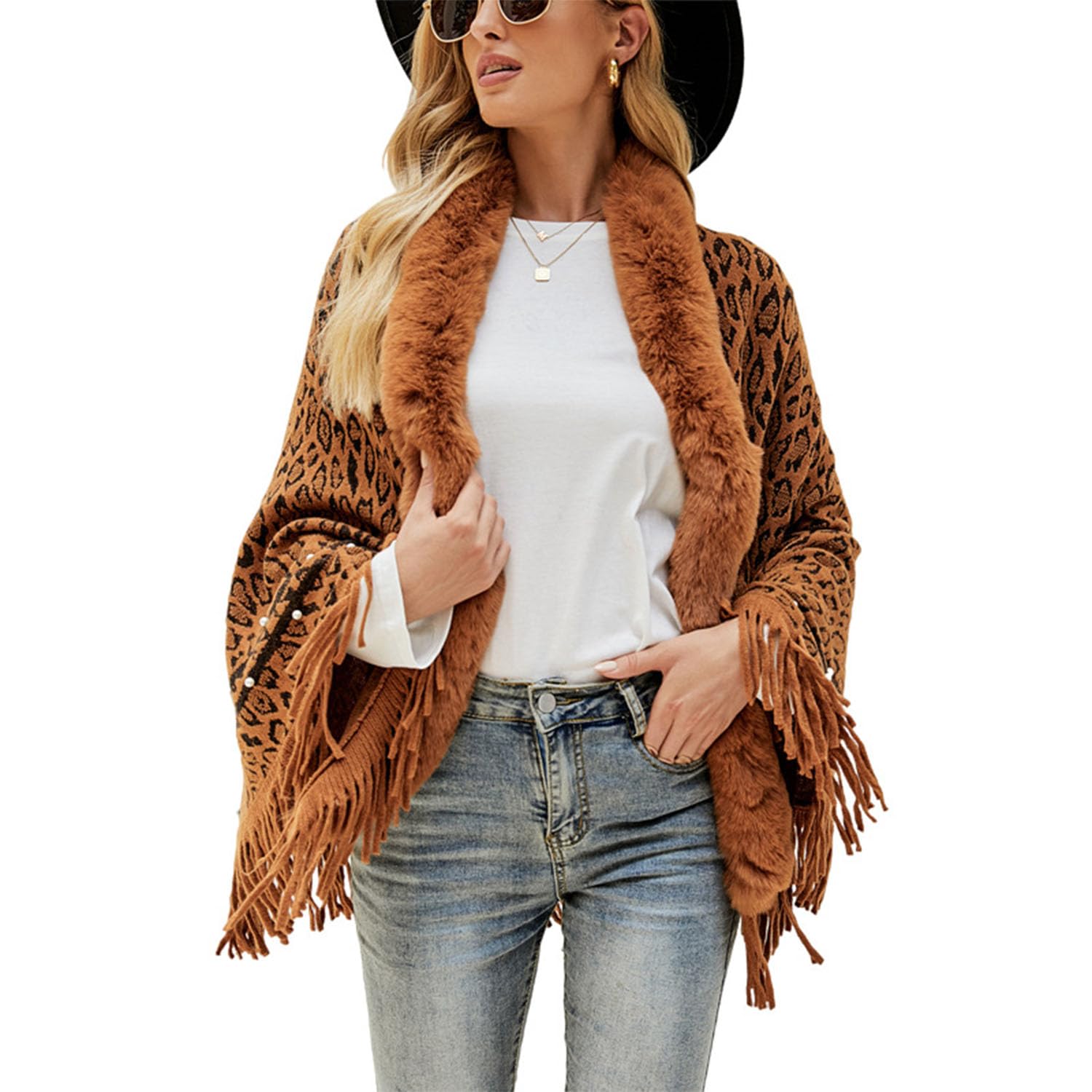 Frauen Gestrickt Schal Schal Leopard Kunstpelz Mantel Quaste Saum Warm Mantel Poncho Strickjacke Pullover Cape