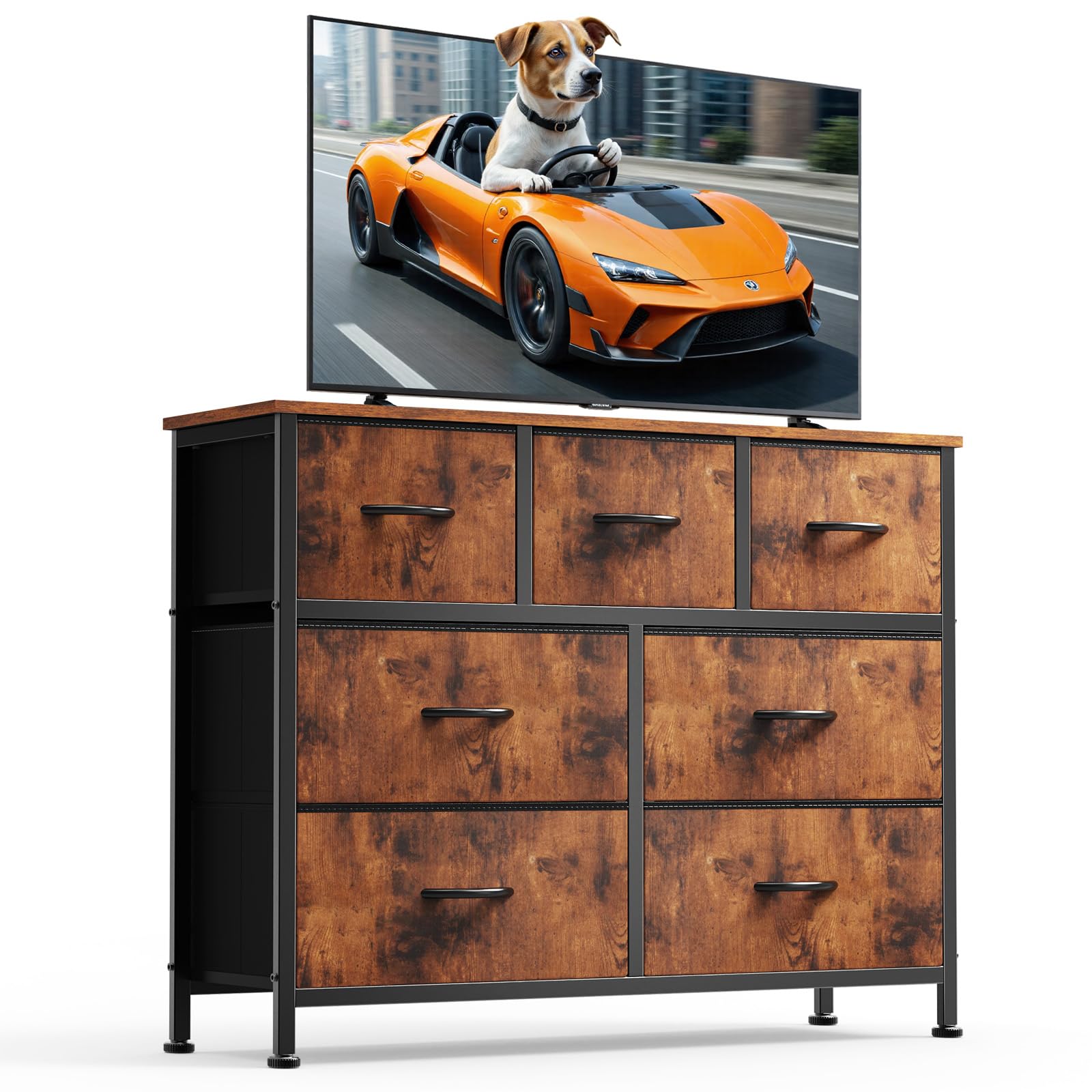 DUMOS Dresser for Bedroom with 7 Drawers, Storage Organizer Units Furniture, Chest Tower TV Stand with Fabric Bins, Metal Frame, Wooden Top for Nursery, Living Room, Bedroom, Closet, Brown
