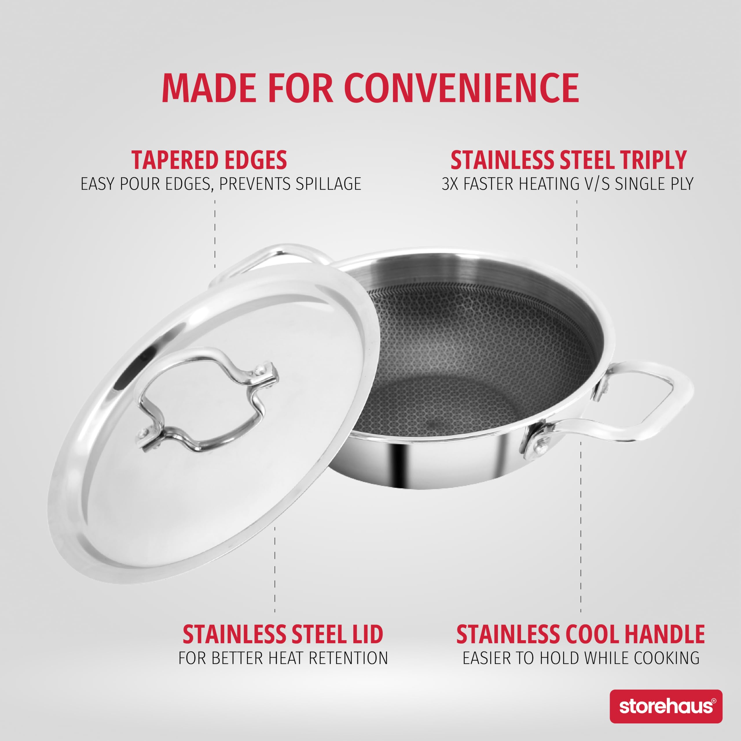 Storehaus Triply Stainless Steel Non Stick Kadai Honeycomb Surface with Lid, 2 L, 22 cm, Ideal for Curry/StirFry/DeepFry, Broad Hold Handles, Spatula Friendly, Induction & Gas Safe, 2 Years Warranty. 2