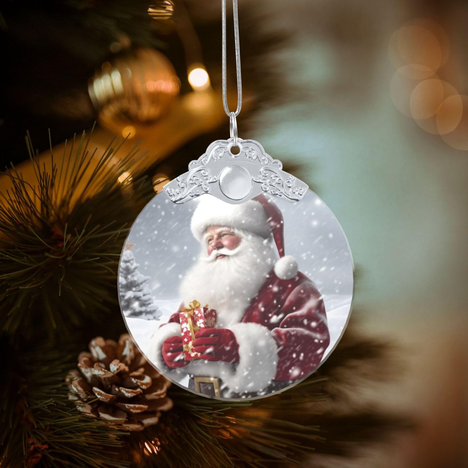Crystal Christmas Ornaments for Christmas Tree Decoration Hanging Santa Claus Snow Secenry Ornament with Gold Ribbon Crafts Round Pendant for Keepsake Gifts Glass Xmas Decor Party Supplies