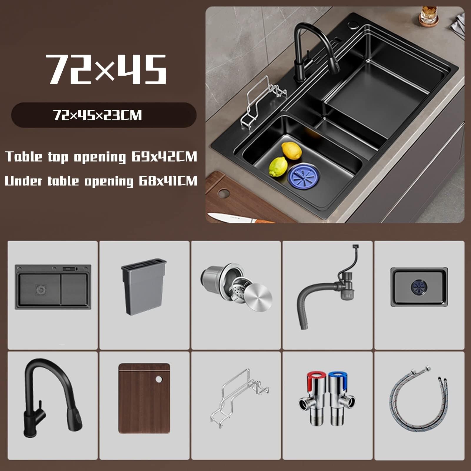 SDdPulse Lavello da cucina in acciaio inox per cortile ufficio – Drop-in o sottotop lavello con stazione di lavoro a vasca singola con rubinetto a cascata, nero, 72 x 45 cm
