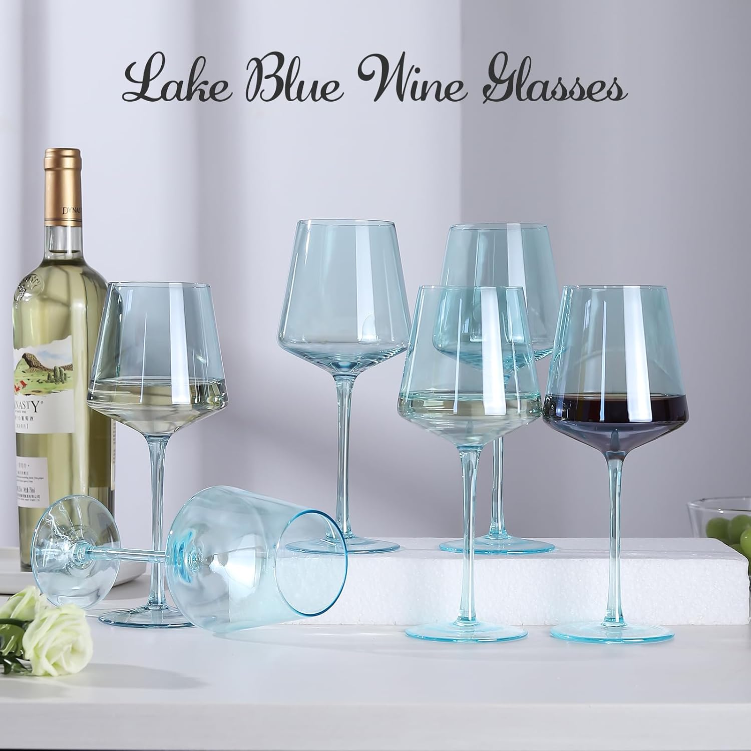 Light Blue Wine Glasses Set 6-16oz Modern Blue Wine Glasses With Tall Long Stem and Flat Bottom,Unique Blue Wine Stemware for Birthday Wedding Bridal Shower - Image 5