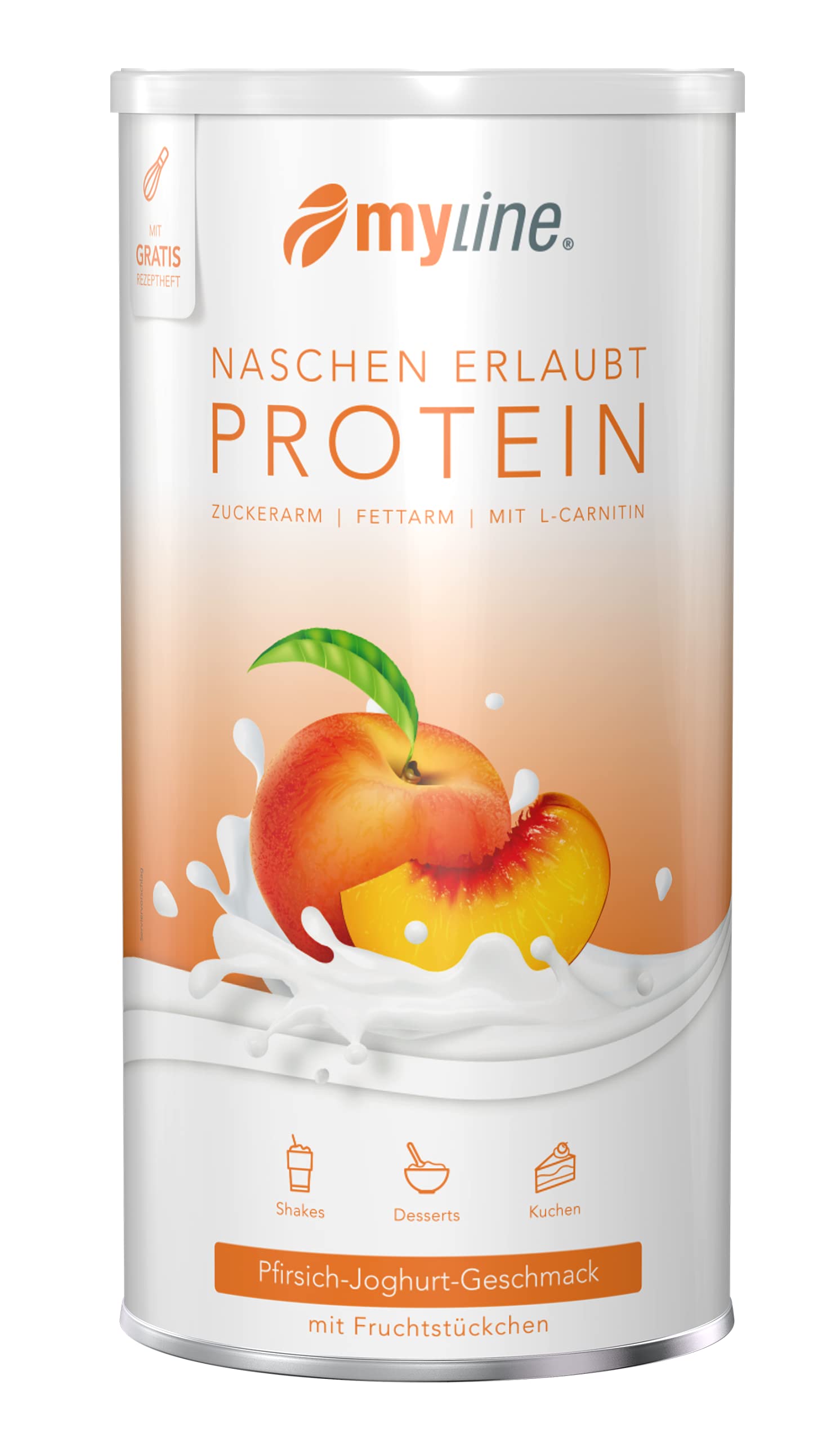 myline Protein Pfirsich-Joghurt mit Fruchtstückchen - hochwertiges Proteinpulver inkl. Rezeptheft - 400g Dose