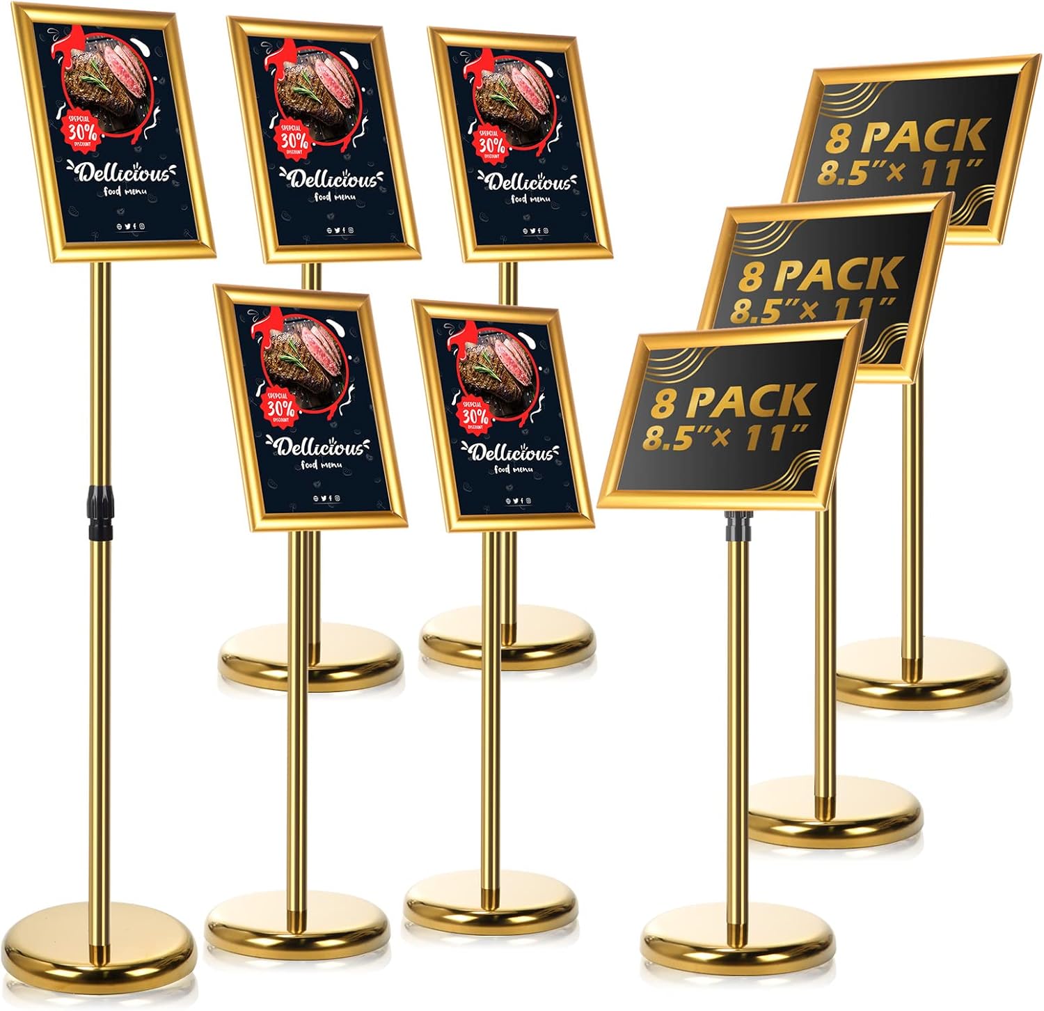 LEIFIDE 8 Pack Adjustable Heavy Duty Pedestal Sign Holder Floor Stand 8.3 x 11.7'' Adjustable Sign Holder Poster Stand with Aluminum Snap Open Frame, Screen Size A4 (Gold)