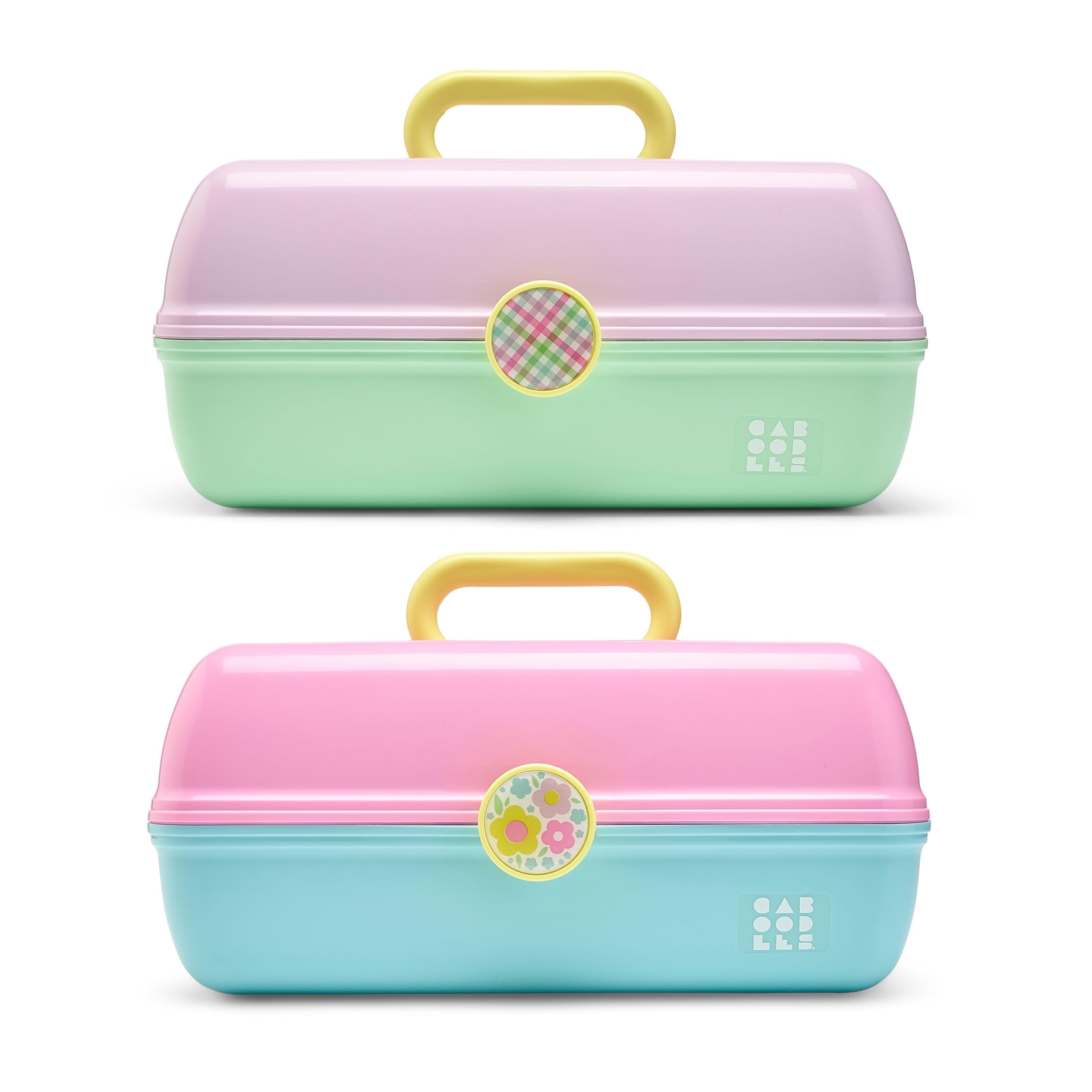 Caboodles On-The-Go Girl Makeup Storage Box 2-Pack, Two-Tone Pink/Light Blue and Lavender/Light Green, Hard Plastic Makeup Organizer Box, Built-In Mirror, Secure Latch for Safe Travel