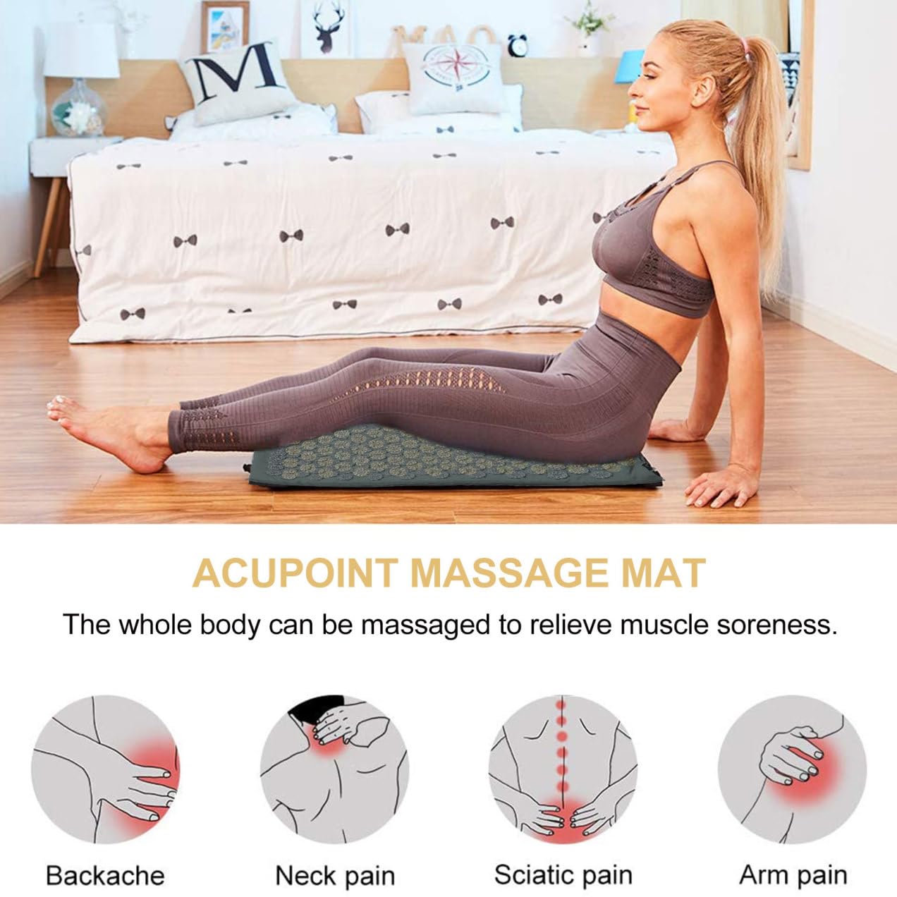 OUNONA Ensemble 2 Tapis de Massage Shiatsu et Coussin D’acupression Gris, Antidérapants et Lavables, Stimulation des Points D’acupuncture pour Détente Musculaire, Relaxation et Sommeil,