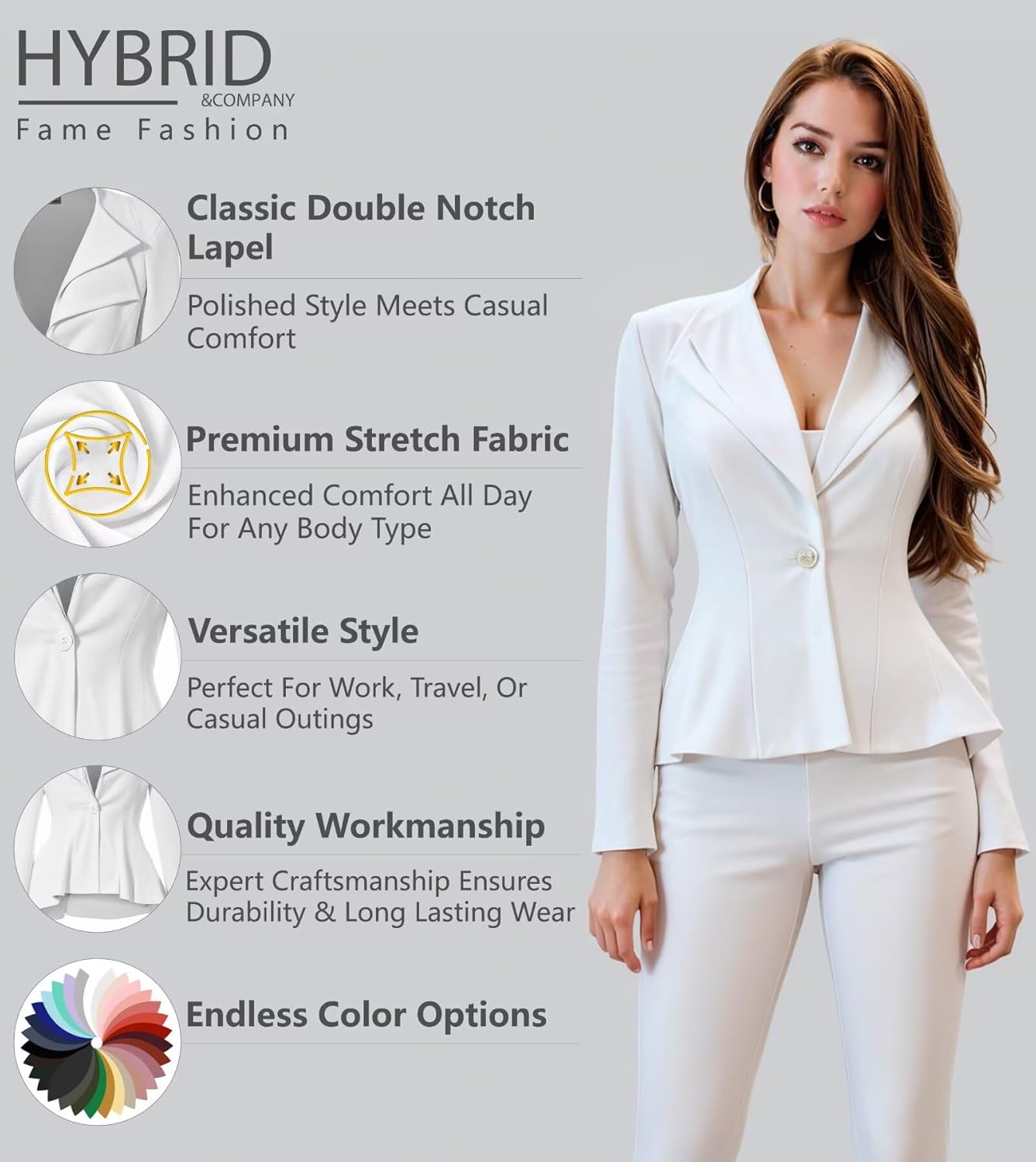 Hybrid & Company Women's Casual Work Office Dressy Double Lapel Single Button Peplum Comfortable Blazer - Image 2
