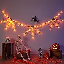 180cm Halloween Spinnennetz Lichter Mit 60 LED, 30cm Haariger Spinne, 8 Modi Spinnennetz Helloween Deko Outdoor Innen, Halloween Lichterkette Dekoration Für Garten Party Wand Hof Spukhaus(Orange)