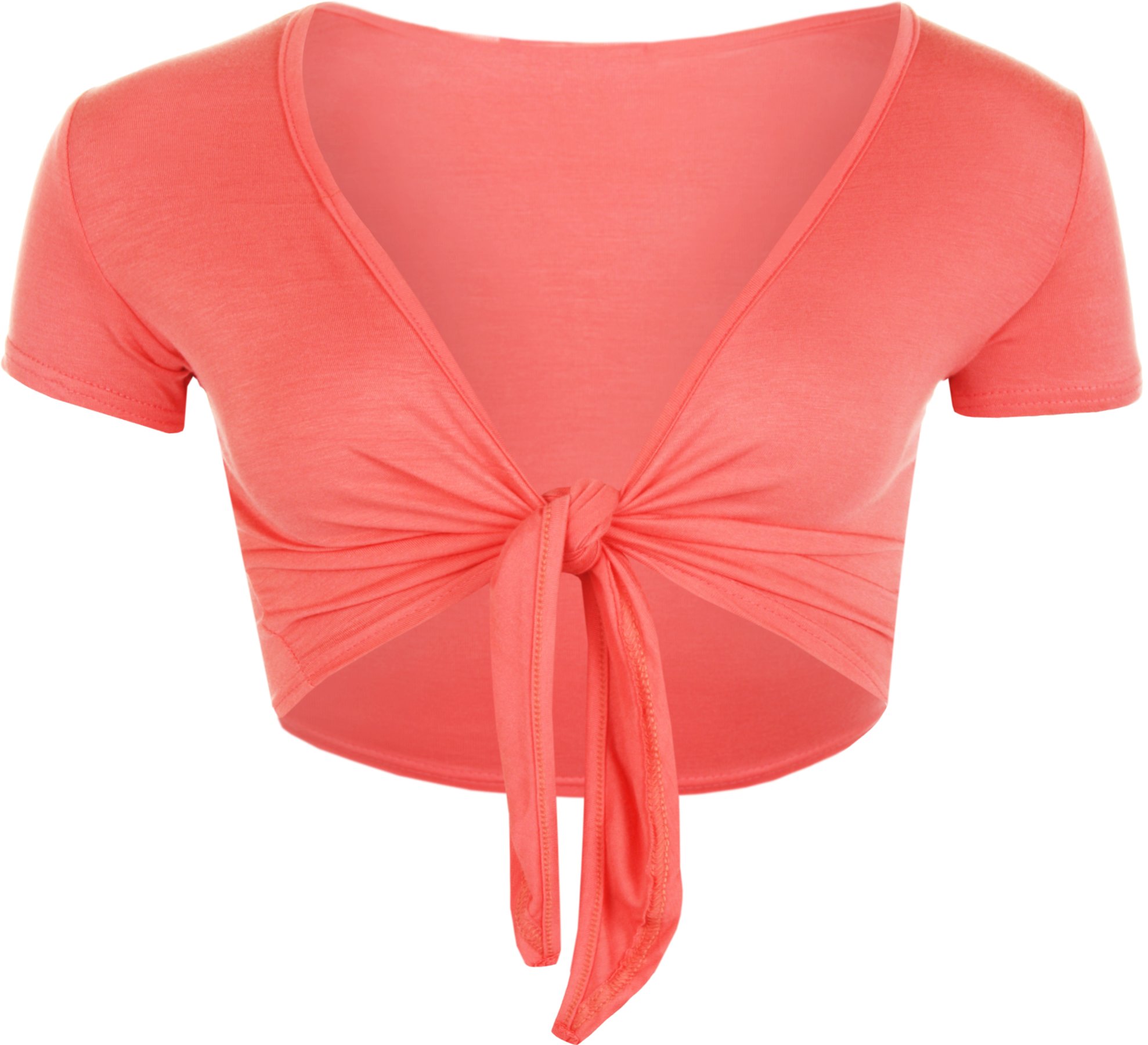 WearAll New Ladies Tie Up Shrug Crop Top Womens Short Sleeve Stretch Open Top Coral 12/14