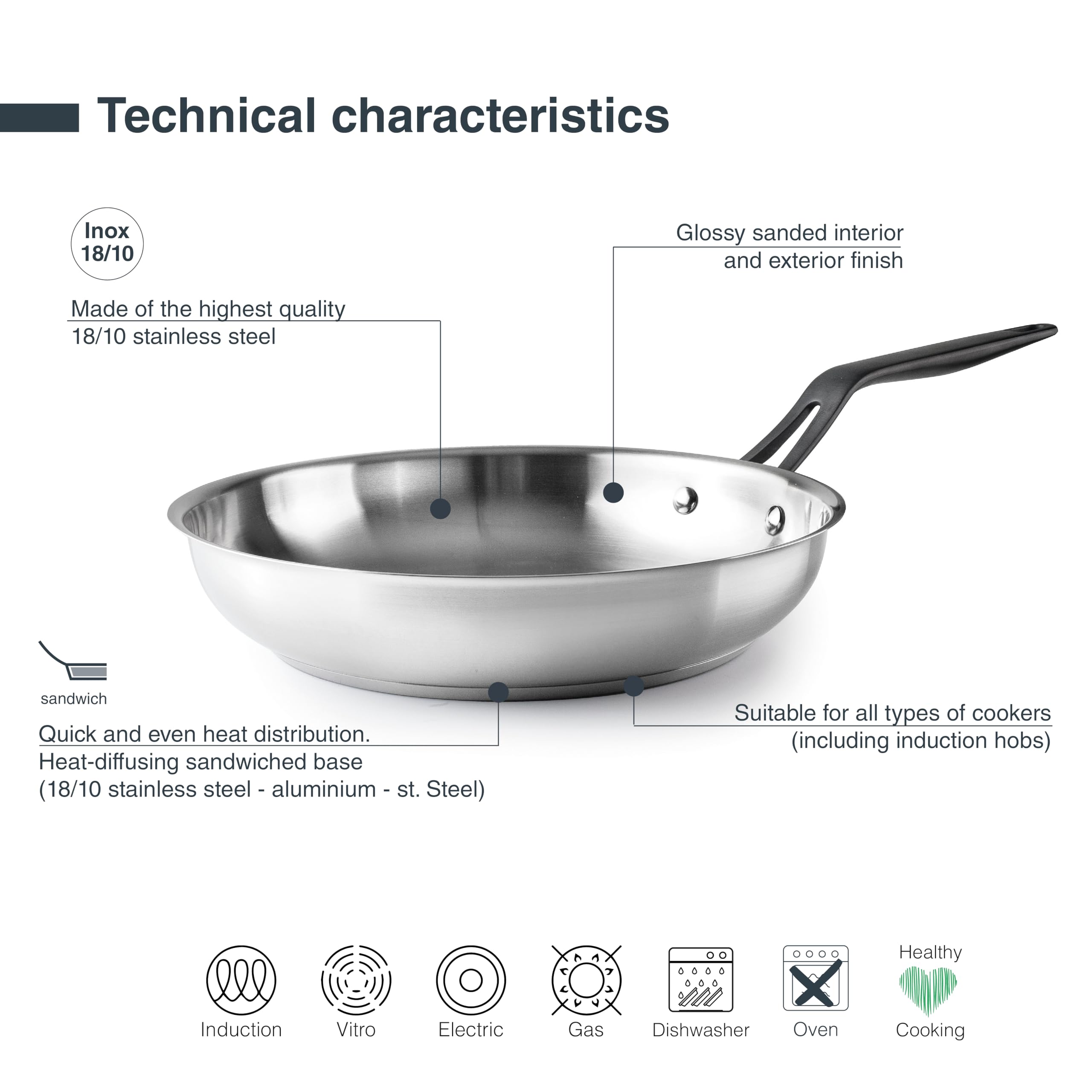 LACOR - 47326 - Poêle Origin, 26 cm, Acier Inoxydable 18/10, Surface Sans Revêtement Antiadhésif pour Cuisson Traditionnelle, Compatible Induction et Lave-Vaisselle, Haute Durabilité