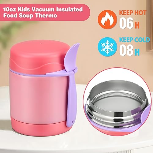 Miniatura 3 de Tarro de comida aislado de 10 onzas, termo para almuerzo de comida caliente, lonchera de acero inoxidable para niños con cuchara (rosa)