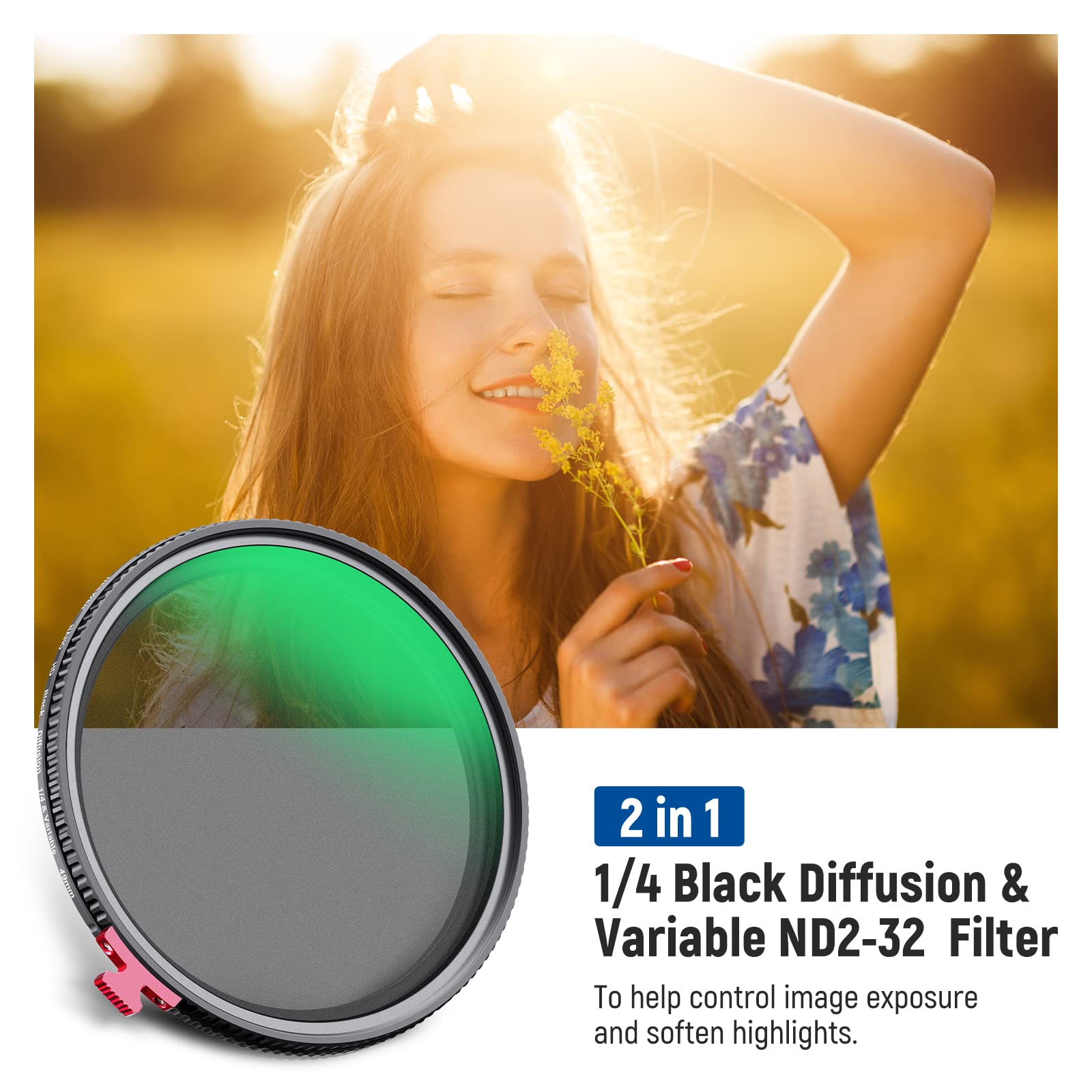 NEEWER 49mm Black Diffusion 1/4 Effect with ND2-ND32 Variable ND Filter 2 in 1 - Image 2