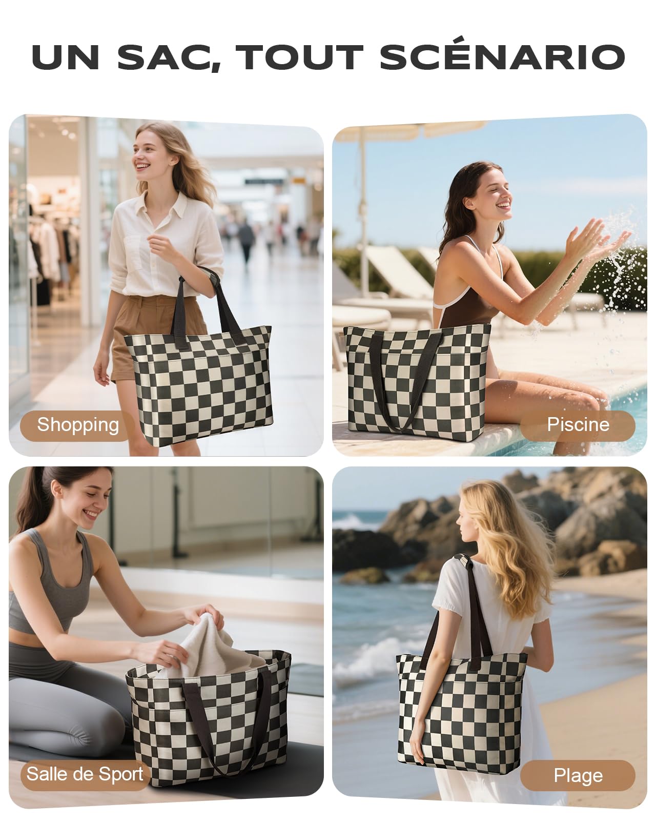 EOIWUY Sac de Plage, 35L Grand Cabas de Plage Étanche et Anti-Sable, Sac a main Femme Tout Voyage Pliables avec Fermeture Éclair et Compartiment Humide, Beach Bag pour Plage, Gym, Quotidien, Voyages