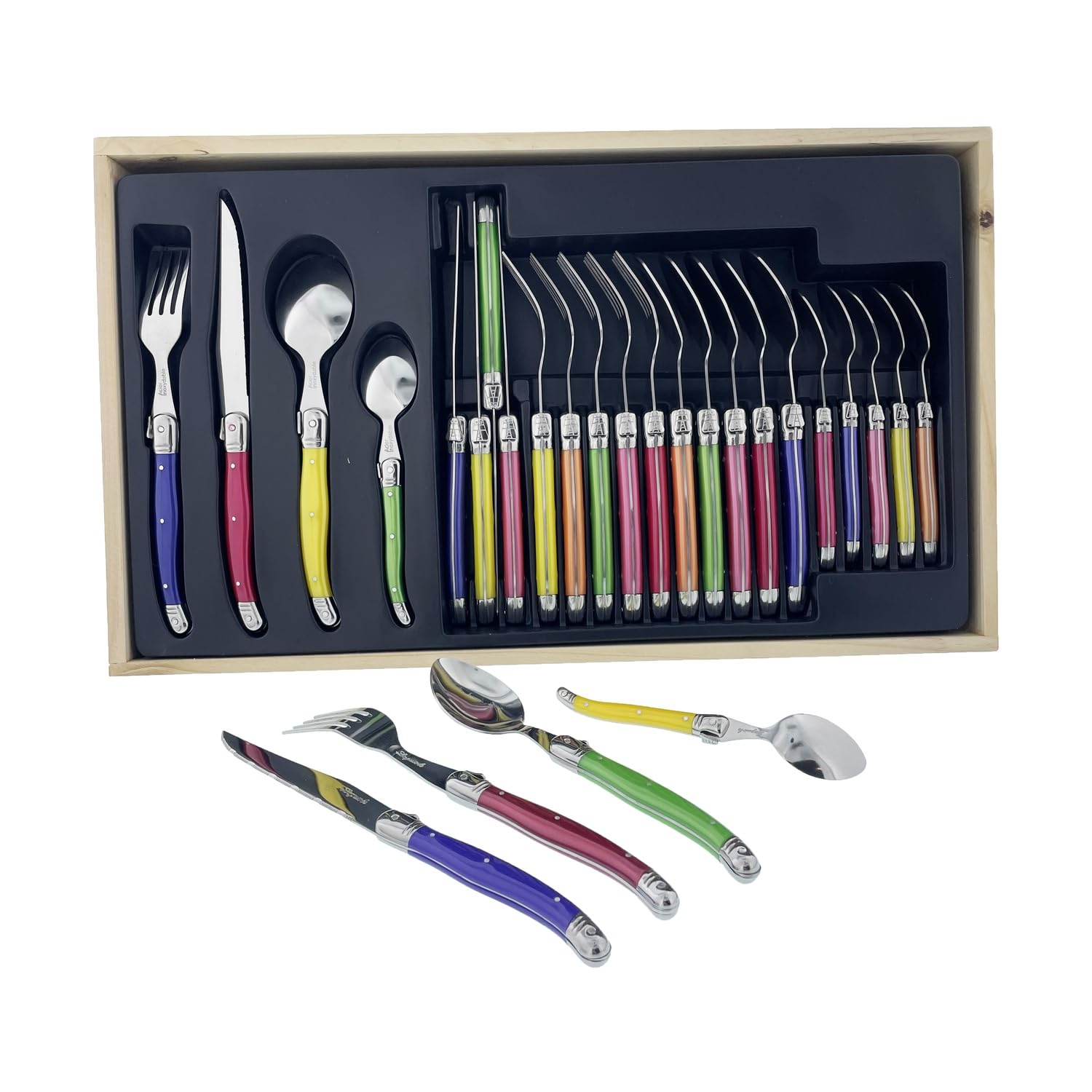 Pradel Excellence - I7214P - Ménagère Laguiole 24 Pièces - 6 Couteaux, 6 Fourchettes, 6 Cuillères à Soupe, 6 Cuillères à Café - Lames Inox - Manches ABS Pastel - Coffret Bois Élégant