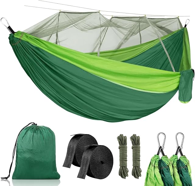 DEPAR Hamak z moskitierą 260 x 140 cm, nośność 300 kg, ultralekki i wytrzymały, podwójny nylon spadochronowy, hamak outdoorowy, kemping, do ogrodu, w zestawie