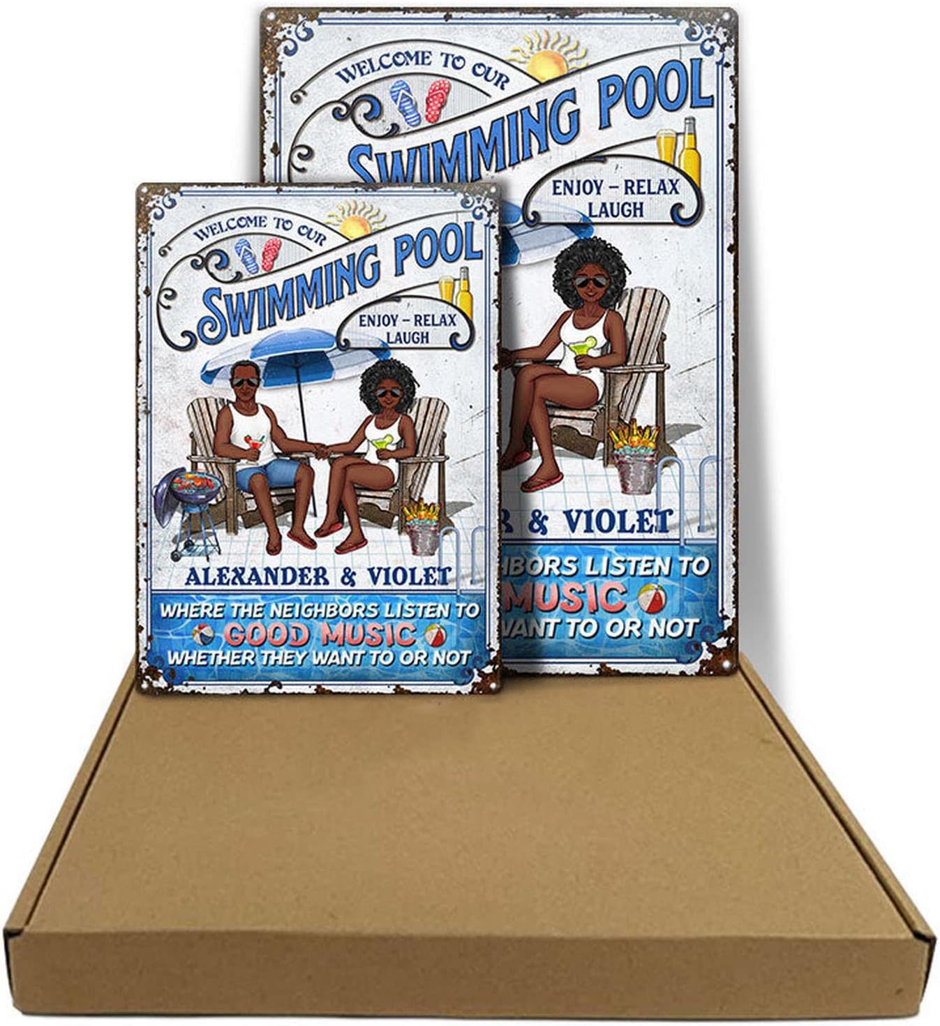 Welcome to Our PoolSide Pool Signs, Personalized Patio Swimming Pool Family Husband Wife Metal sign, Where The Neighbors Listen To Good Music, Pool Rules, Poolside Decor, Outdoor Pool Decor