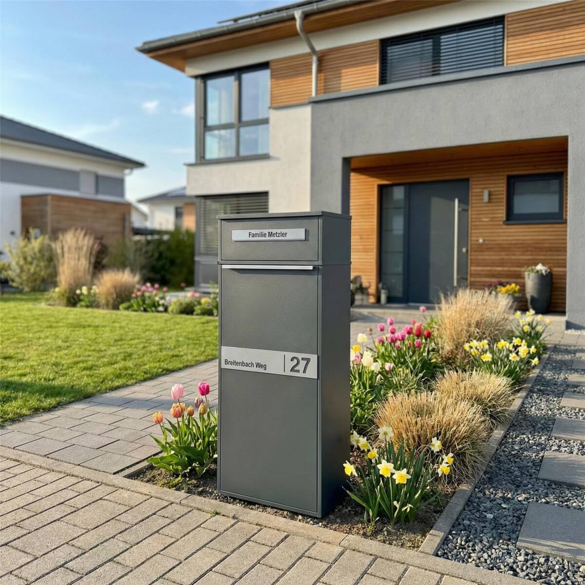 Metzler Paketbox mit LED und 1 Briefkasten | Paket- & Briefkasten | Entnahme hinten | Solar-LED | Standbriefkasten personalisiert mit Gravur, Paketkasten in RAL7016 Anthrazit
