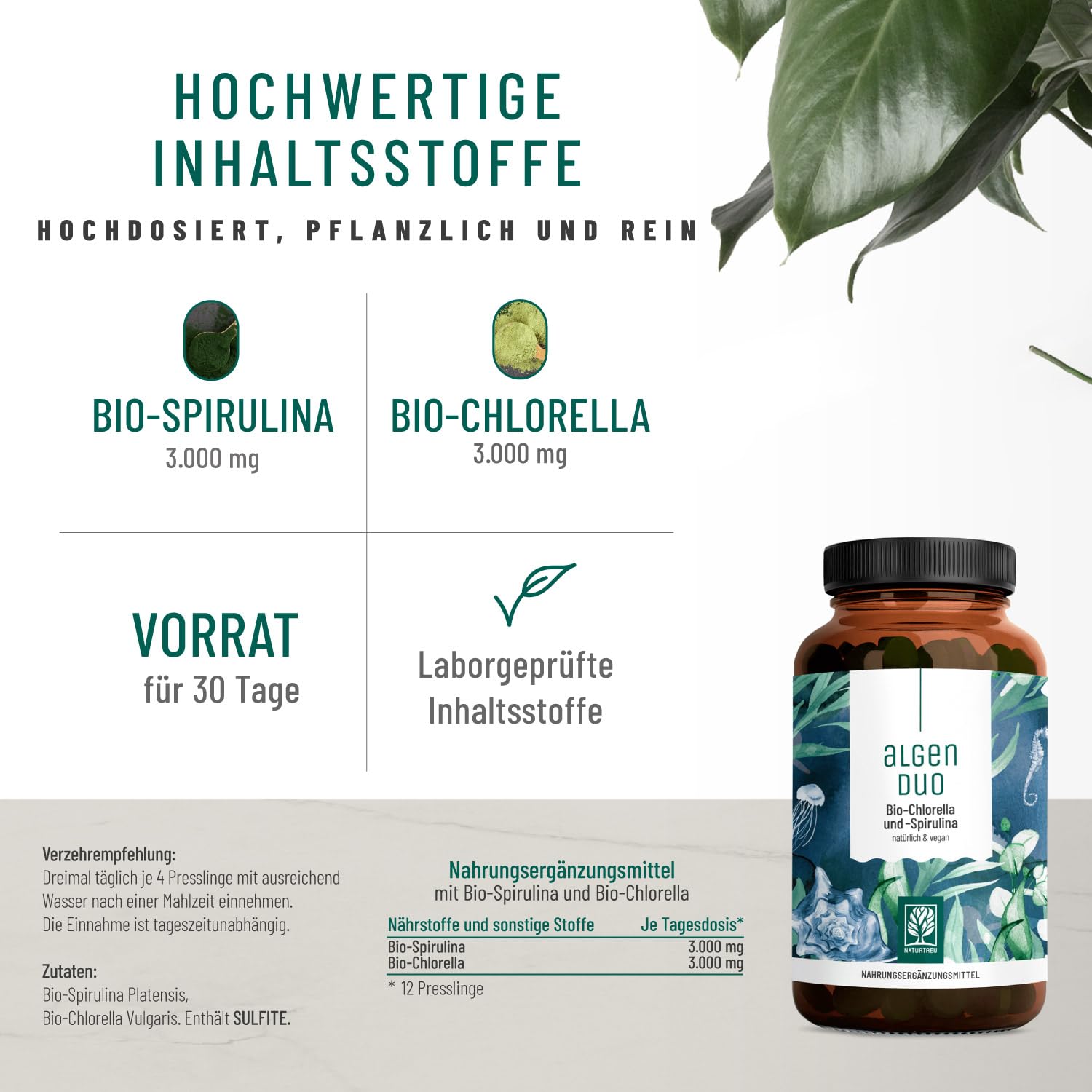 NATURTREU® Bio Spirulina & Chlorella Komplex Presslinge - 6000mg Spirulina und Chlorella je Tagesdosis - 360 Tabletten vegan