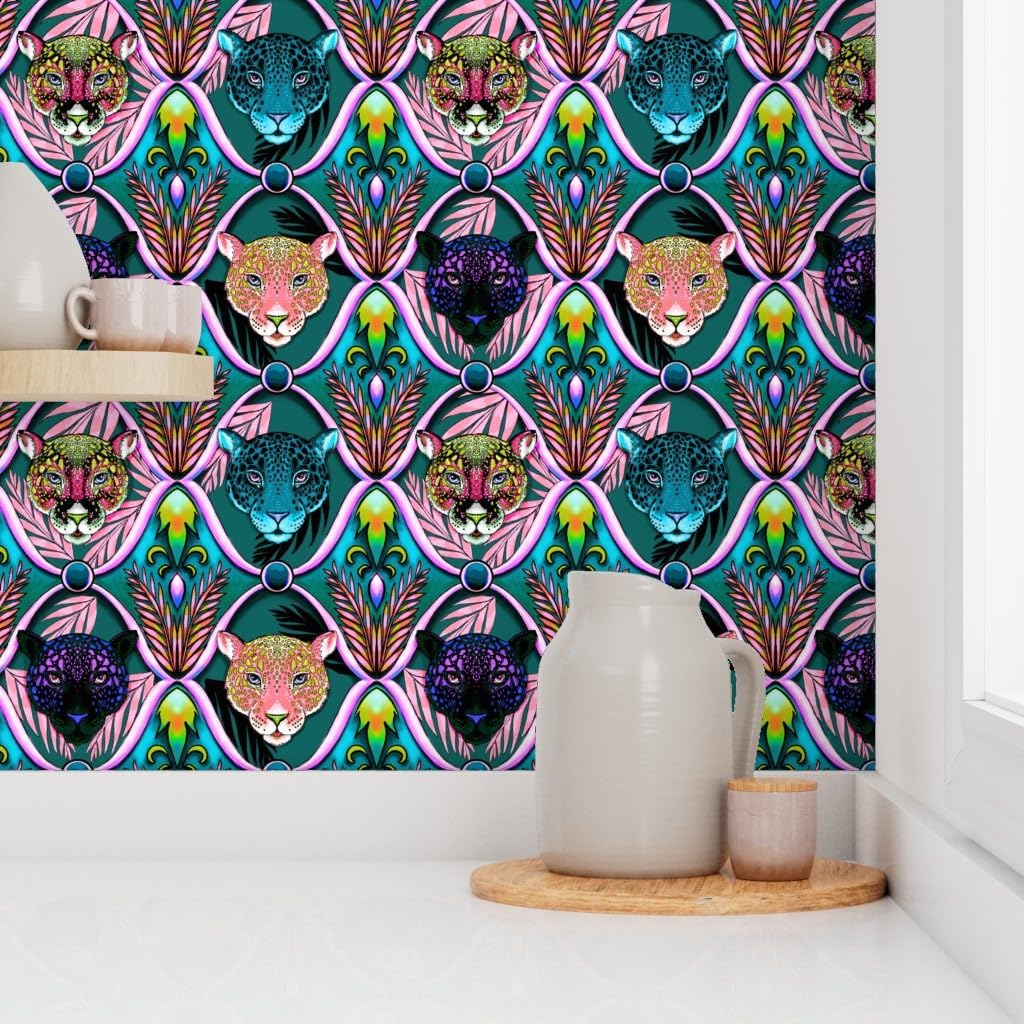 Spoonflower Peel & Stick Wallpaper 3ft x 2ft - Maximalist Neon Ogee Teal Retro Leopards Tropical Jungle Animal Print Custom Removable Wallpaper