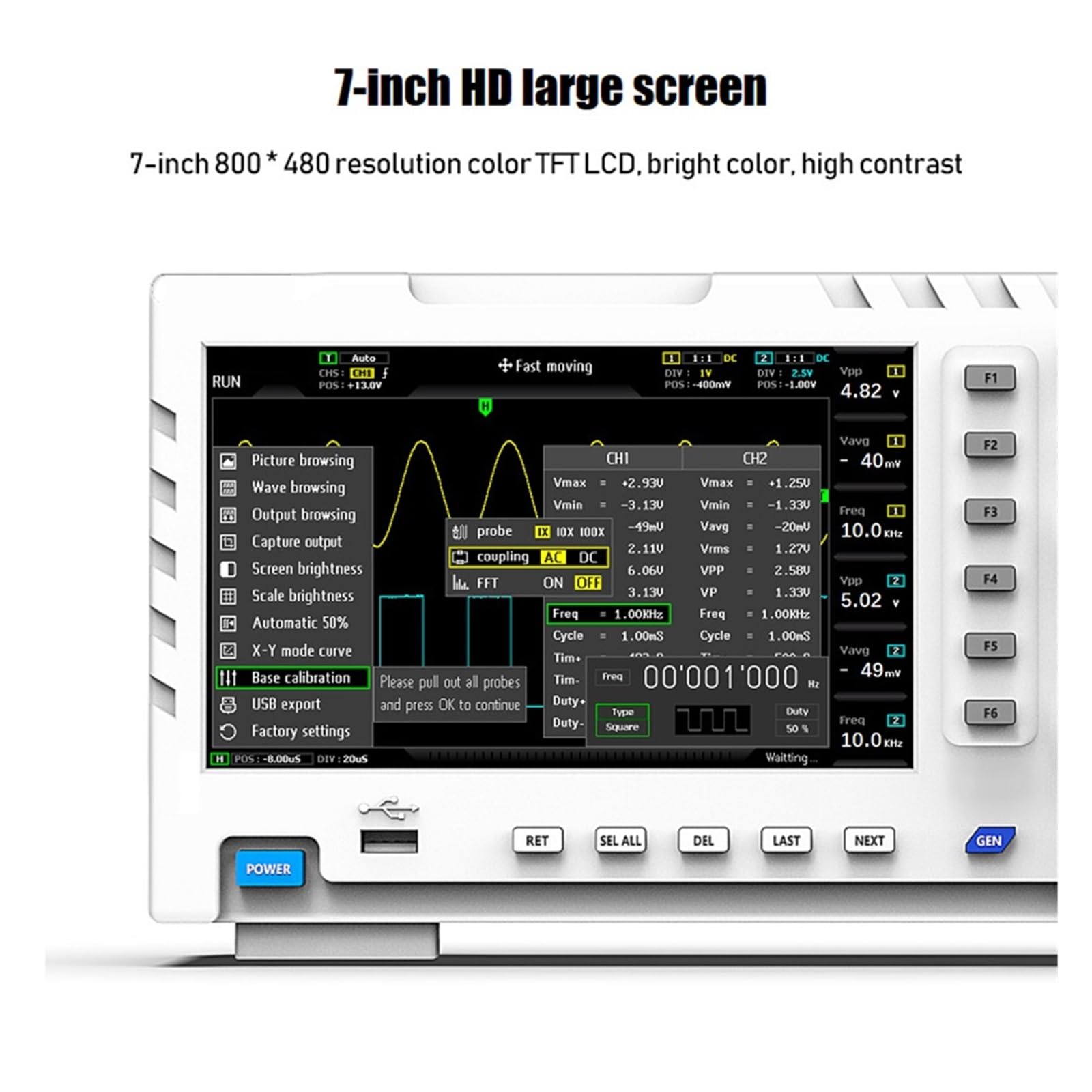 Osciloscopio digital 2 en 1 Generador de señal de entrada de doble canal 100MHz* 2 Ancho de banda analógico 1GSa/s Tasa de muestreo(1014D)