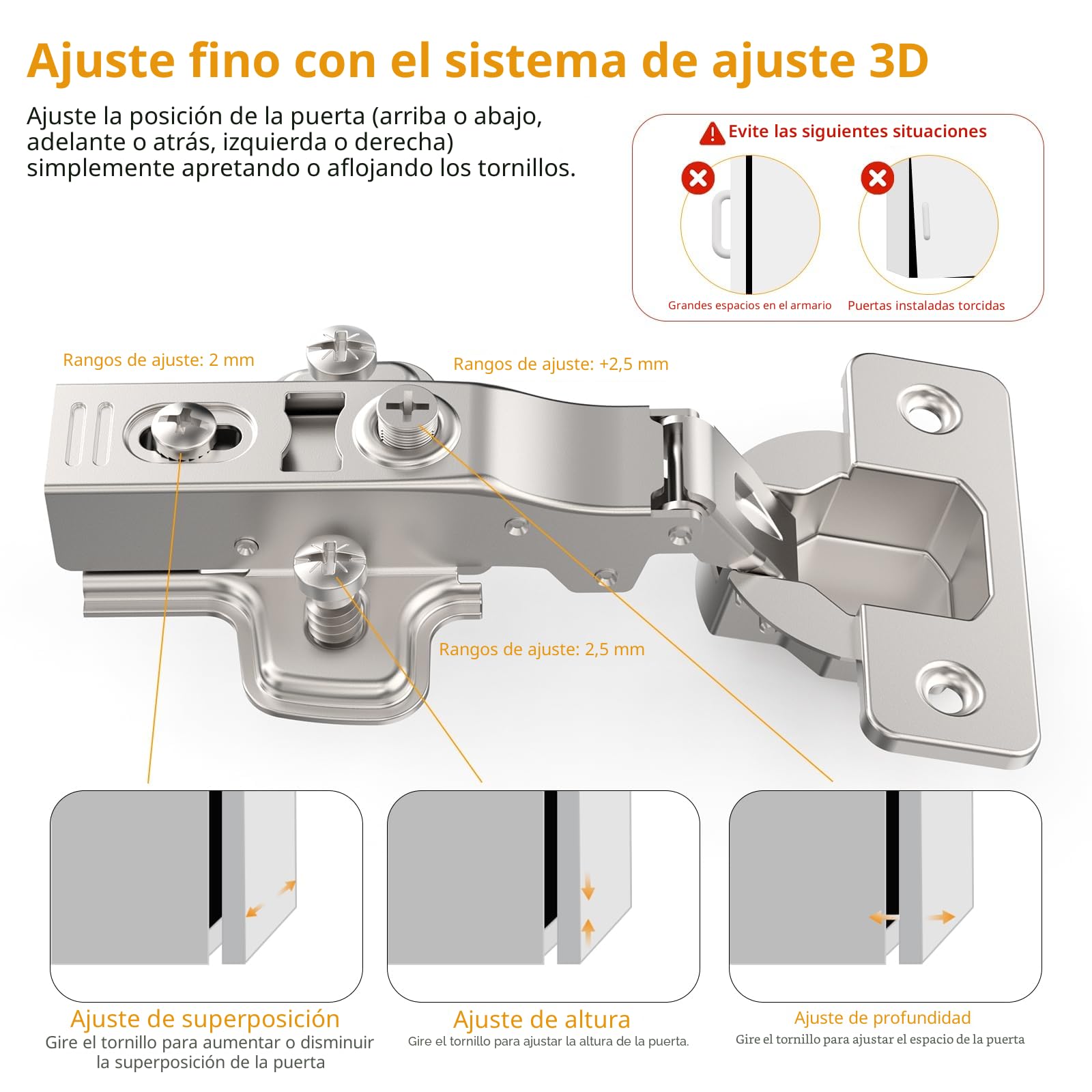 Furniware 2 bisagras ocultas totales 3D con cierre suave – Ángulo 45°-105°, autocierre, níquel satinado, Clip-On, acero inoxidable para puertas de armario/cocina