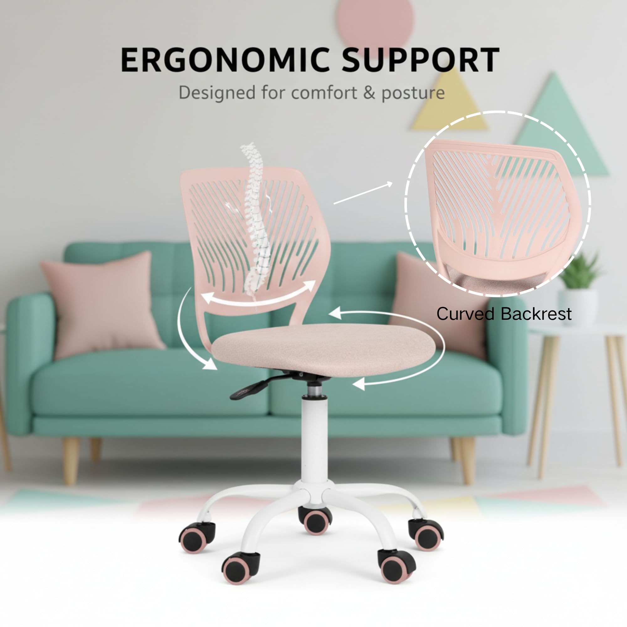 Homy Casa - Silla de escritorio de tela ergonómica giratoria sin reposabrazos, altura ajustable, silla de oficina en casa para niños y adolescentes, rosa Morandi