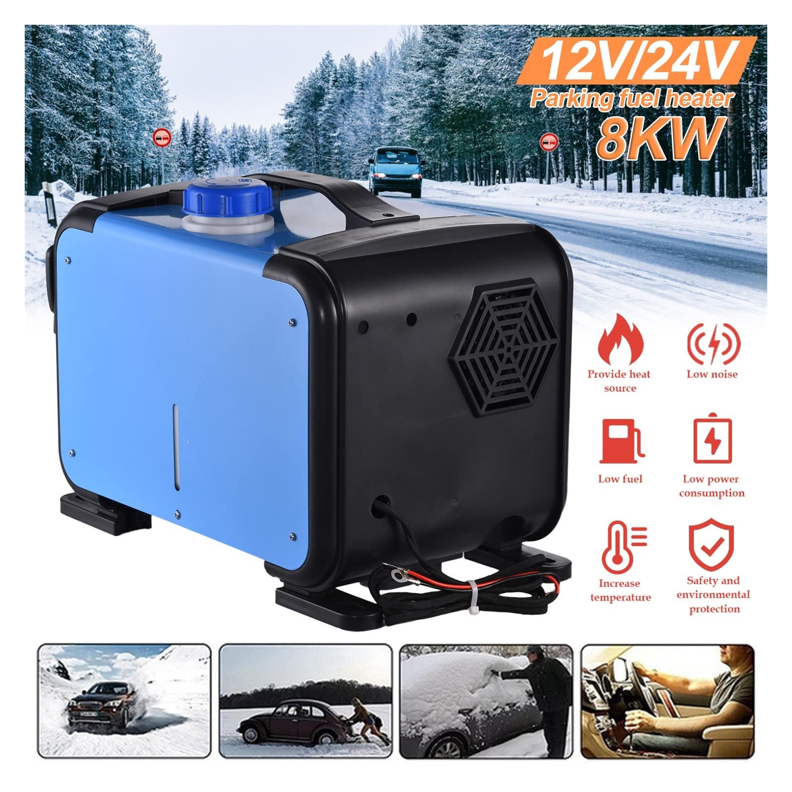 Ogrzewacz samochodowy 8 kW 12 V/24 V, kompaktowy, automatyczny podgrzewacz powietrza na paliwo z monitorem LCD, ogrzewanie postojowe do samochodów osobowych i ciężarowych, maksymalizujące oszczędno