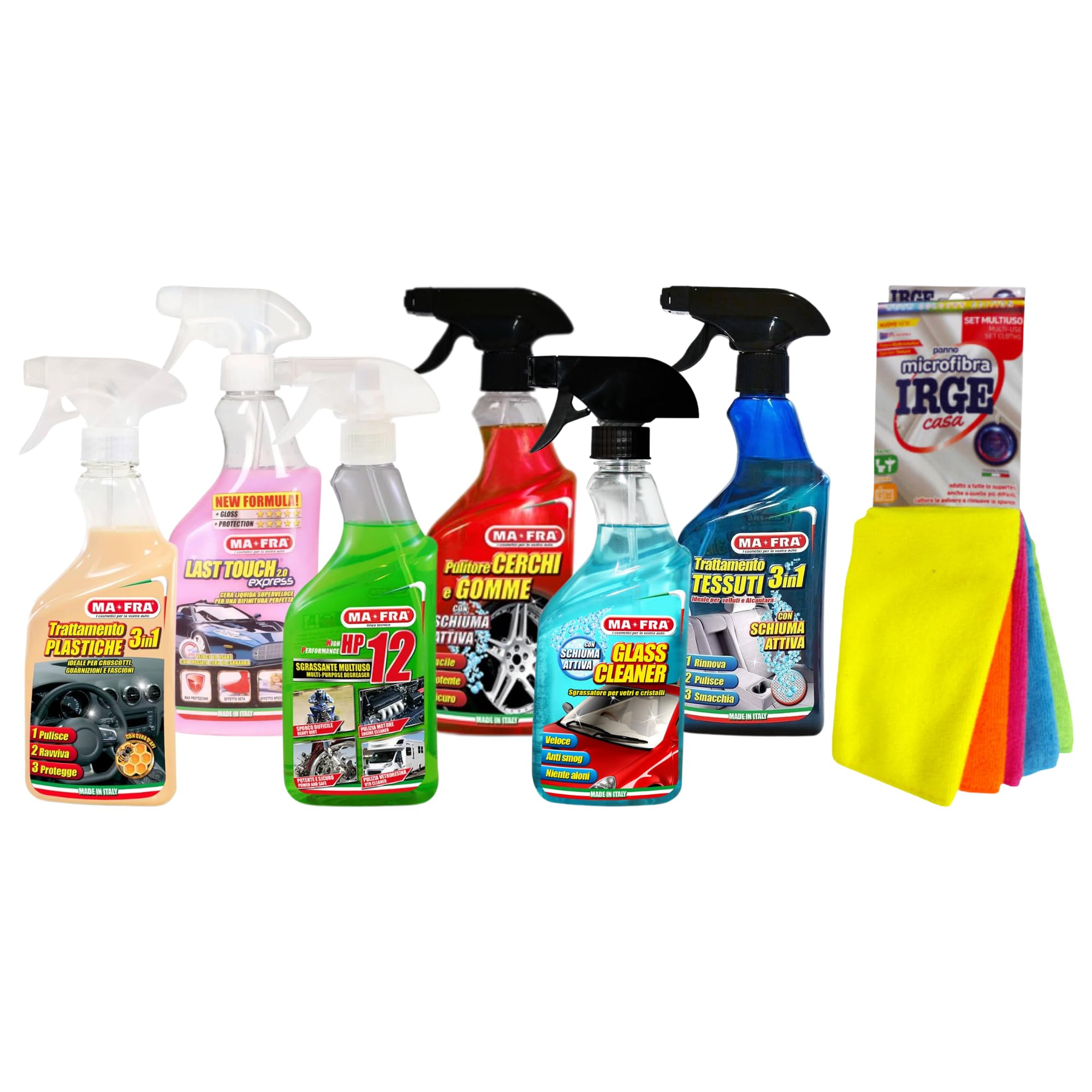Ma-Fra Kit detergente per Trattamento Auto Interno ed Esterno. 3IN1 PLASTICA-LAST TOUCH-HP 12 - CERCHI & GOMME - GLASS CLEANER - Trattamento TESSUTTI 3IN1 INSIEME 7 PANNI MICROFIBRA MULTIUSO 30x35 cm