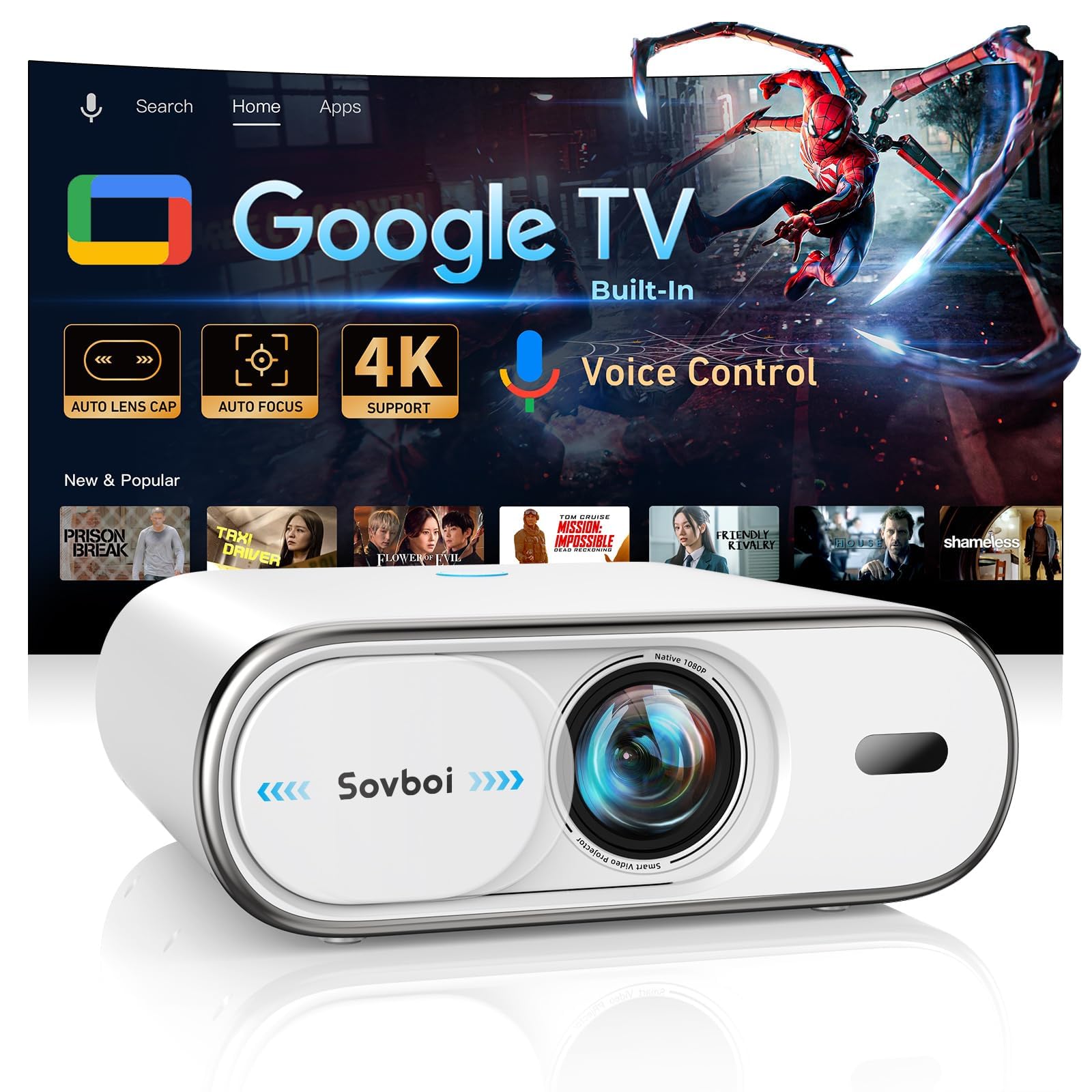 Projector-4K Movie Projecteur Bluetooth: [Built-in Google TV & 2500 Brightness & Auto Lens Cap] AI Voice Control & Auto Focus, WiFi 6, 40W Audio, Sovboi Home Theater Ceiling Projector