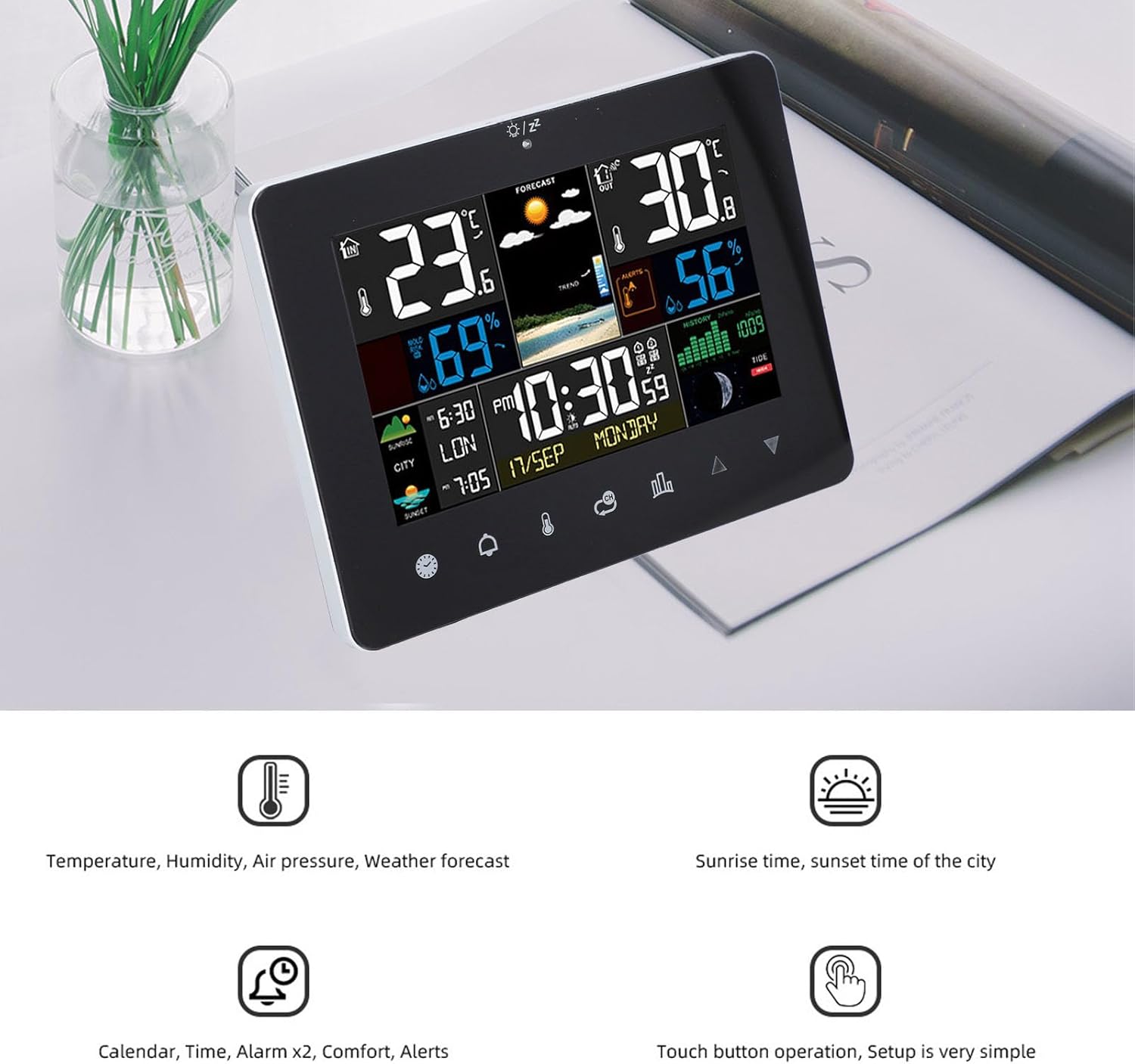 Eujgoov Alarm Clock Weather Clock Desk Clock with Date and Temperature for Bedroom Livingroom Office
