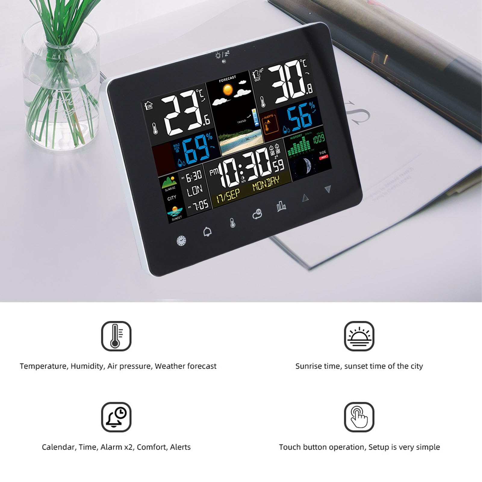 Walfront Wireless Weather Clock Touchscreen Display Color RF Sensor for Indoor and Outdoor with Double Alarm and Calendar Function