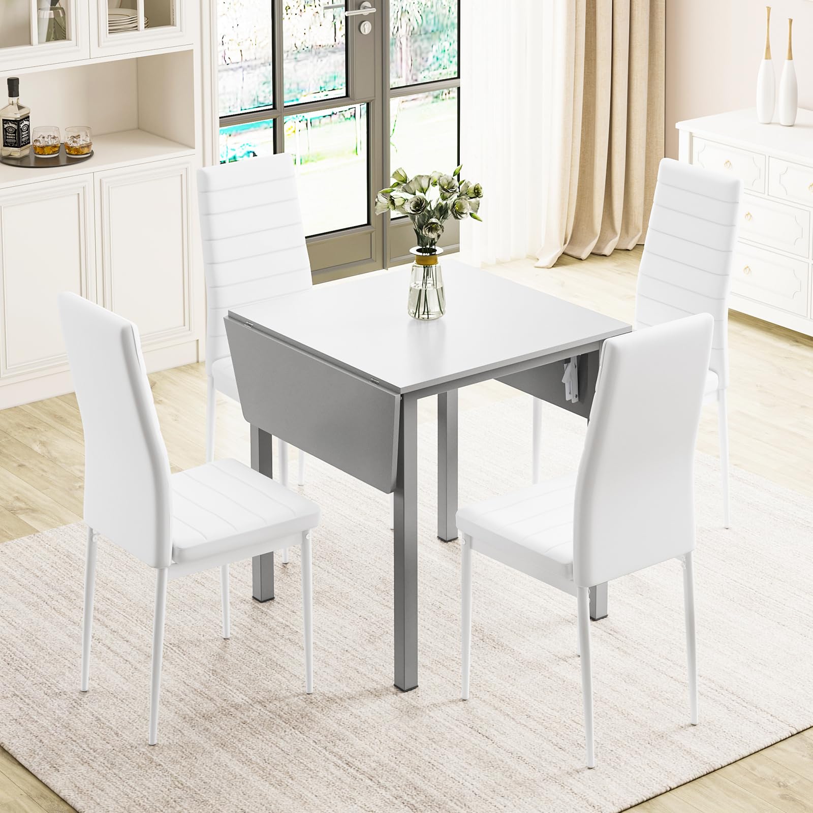 JEFFORDOUTLET Dining Table and Chairs Set of 4, Drop Leaf Grey Folding Kitchen Table With White PU Leather High Back Chair for Dining Room, Kitchen