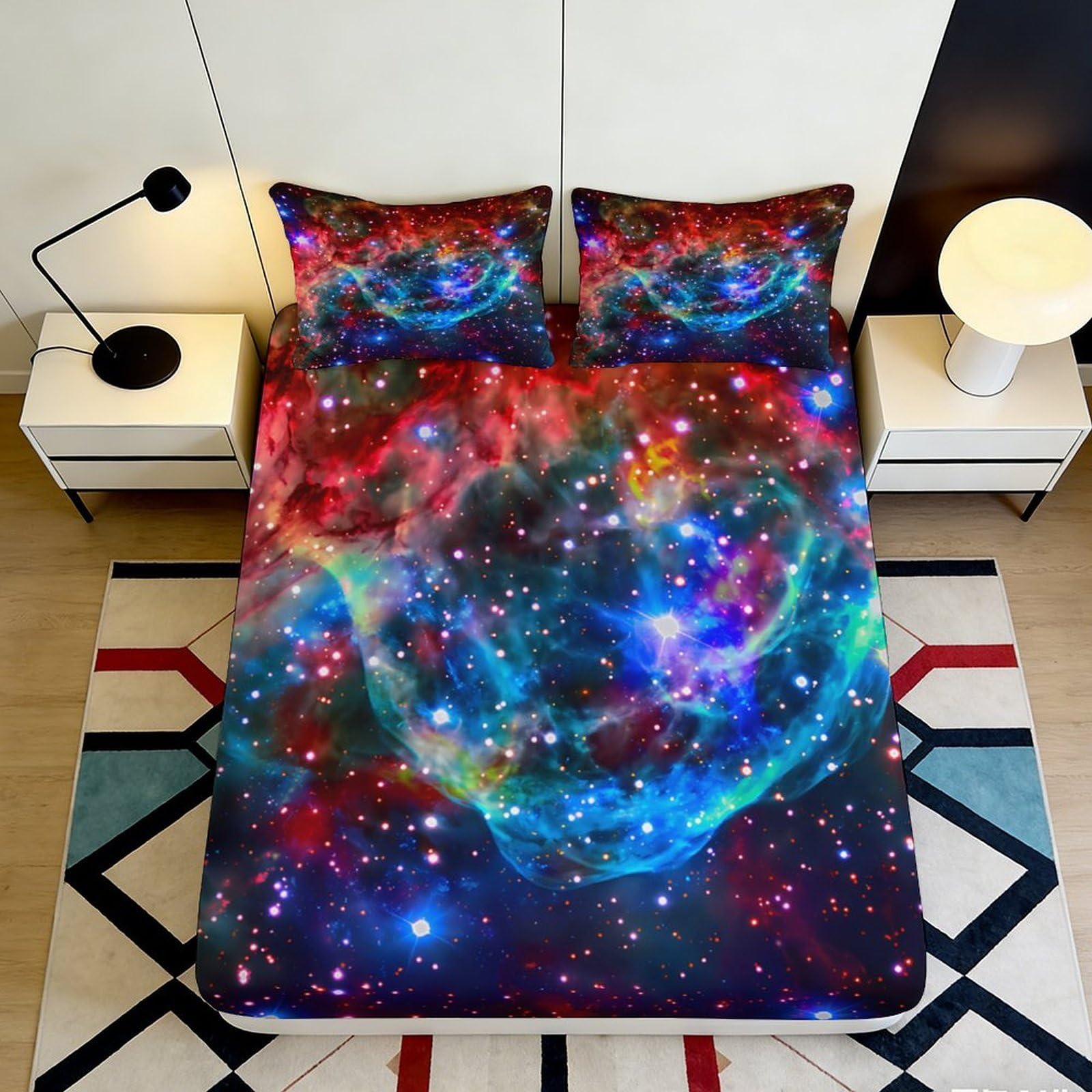 3D Printed Galaxy Starry Sky Fitted Sheet Microfiber Soft Colorful Cosmic Nebula Mattress Cover Bedroom Decor 180x200x25cm